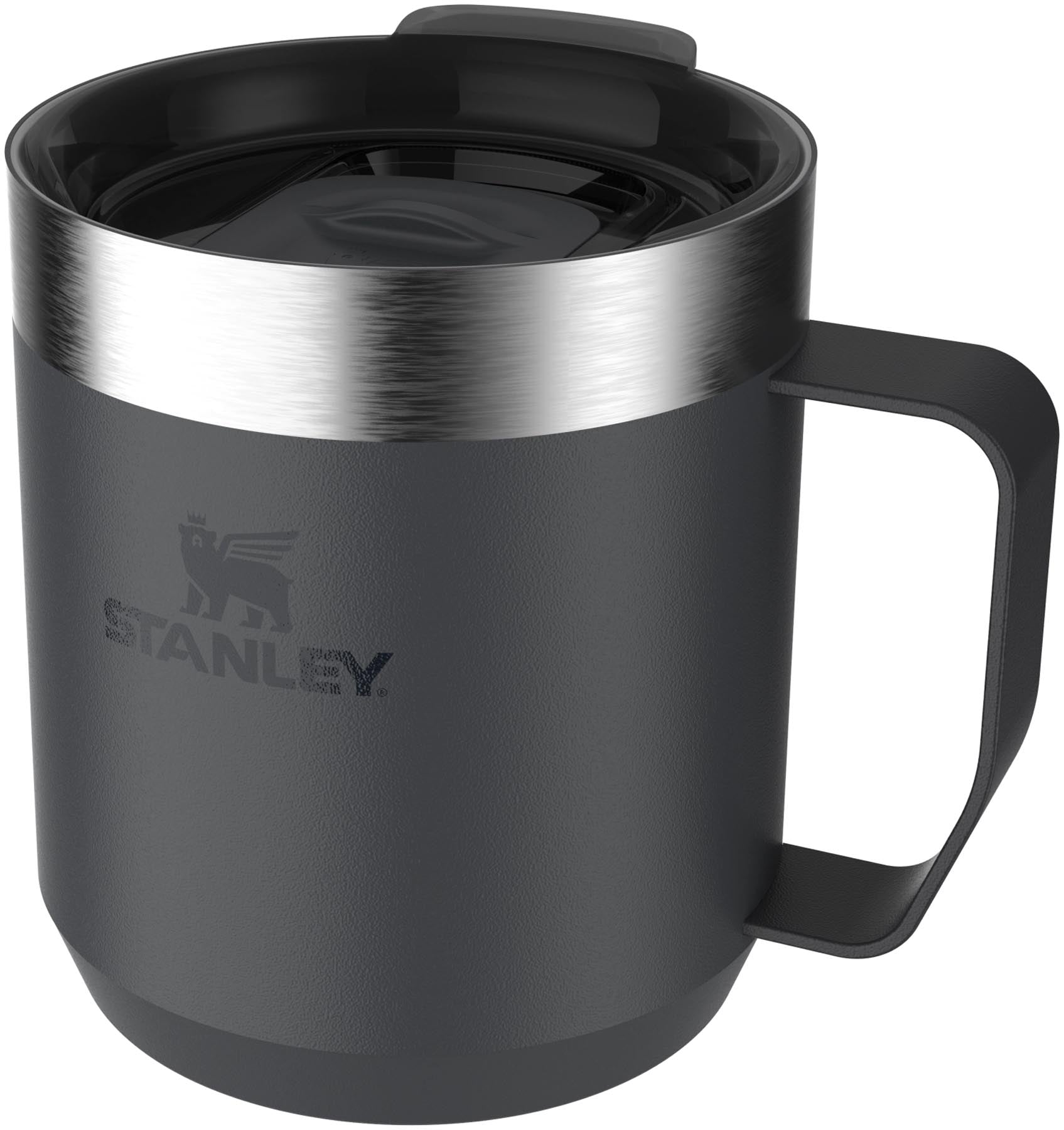 Stylischer schwarzer Stanley Everyday Camp Mug 0.35l, perfekt für Abenteuer und Alltag, mit ergonomischem Griff und langlebiger Bauweise.