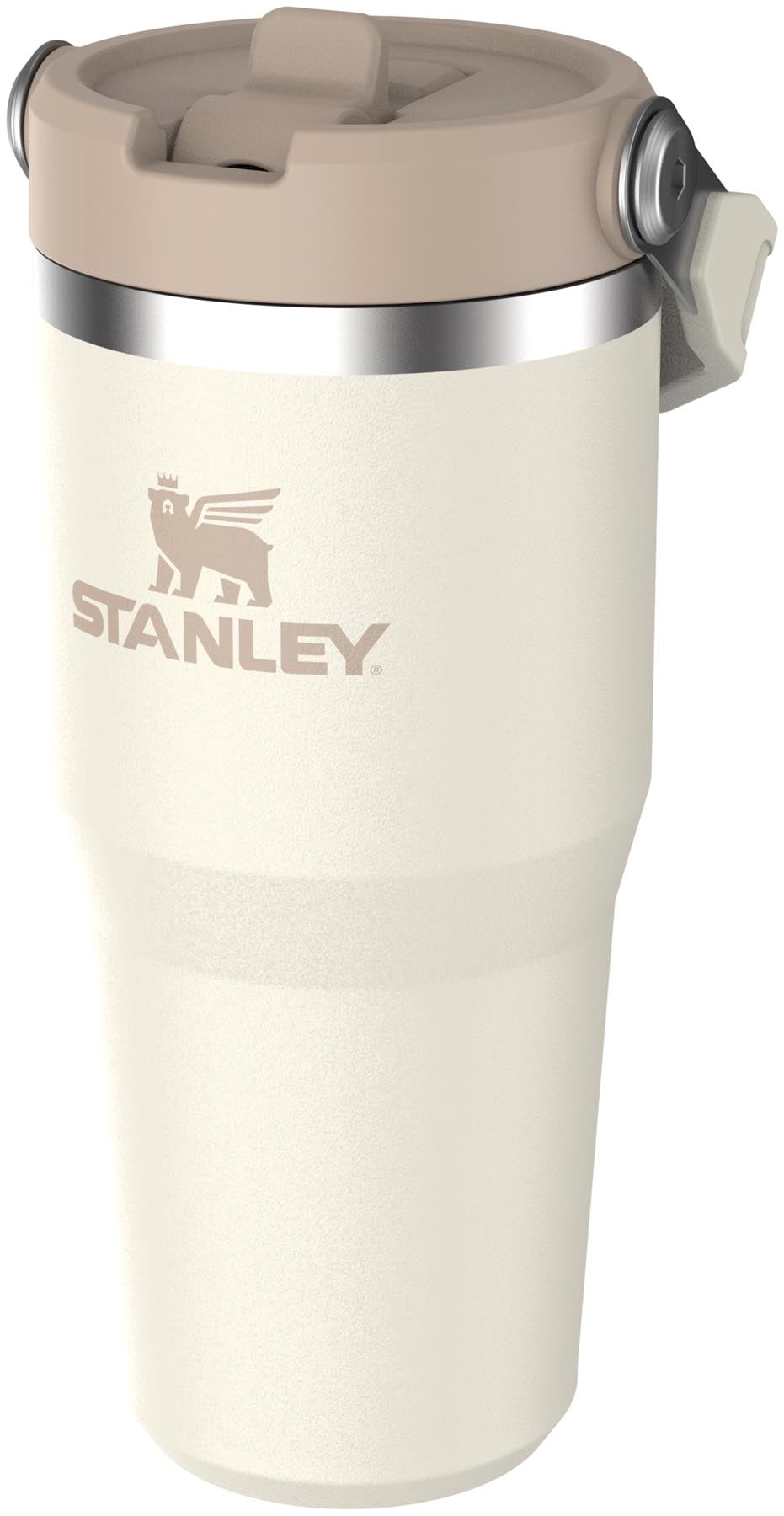 Eleganter Stanley Becher in Creme mit Flip-Strohhalm, perfekt für erfrischende Getränke unterwegs, 0.41l Volumen.