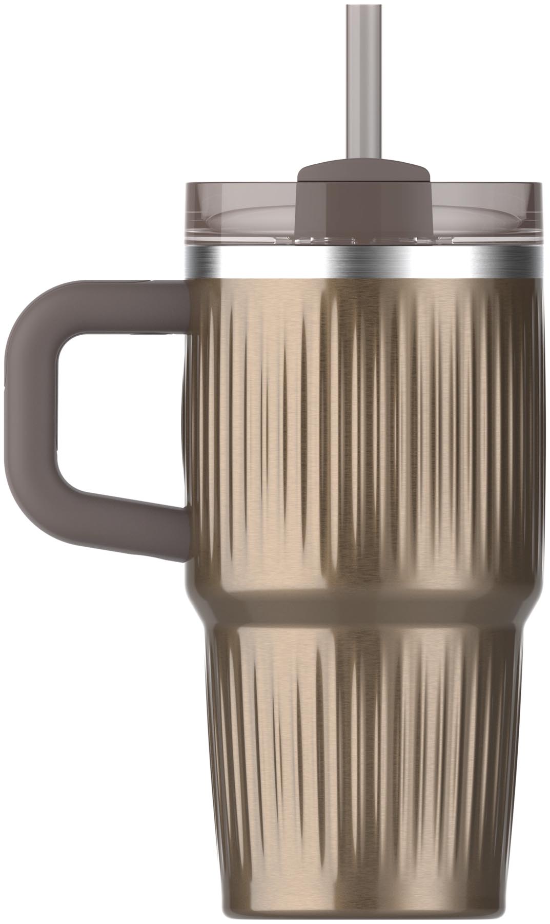 Stylische Stanley Thermosflasche Quencher Fluted 0.59l in glänzendem Gold, perfekt für unterwegs und hält Getränke lange warm oder kühl.
