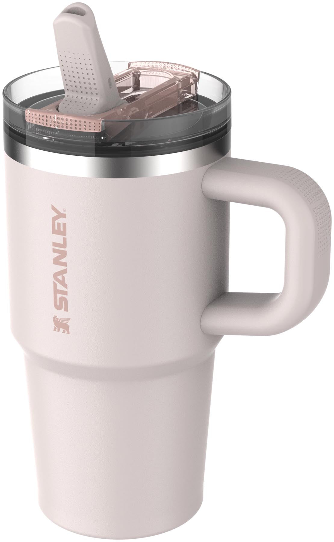 Stylische Stanley Quencher ProTour Thermosflasche in zartem Rose Quartz, ausgestattet mit einem praktischen Flip Straw für erfrischende Getränke unterwegs.