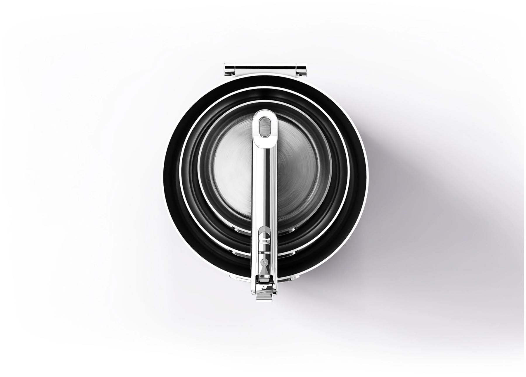 Elegantes 3er Set Stielkasserollen von Joseph Joseph mit klappbarem Griff, ideal für platzsparendes Kochen in verschiedenen Größen: 15, 19 und 23 cm.