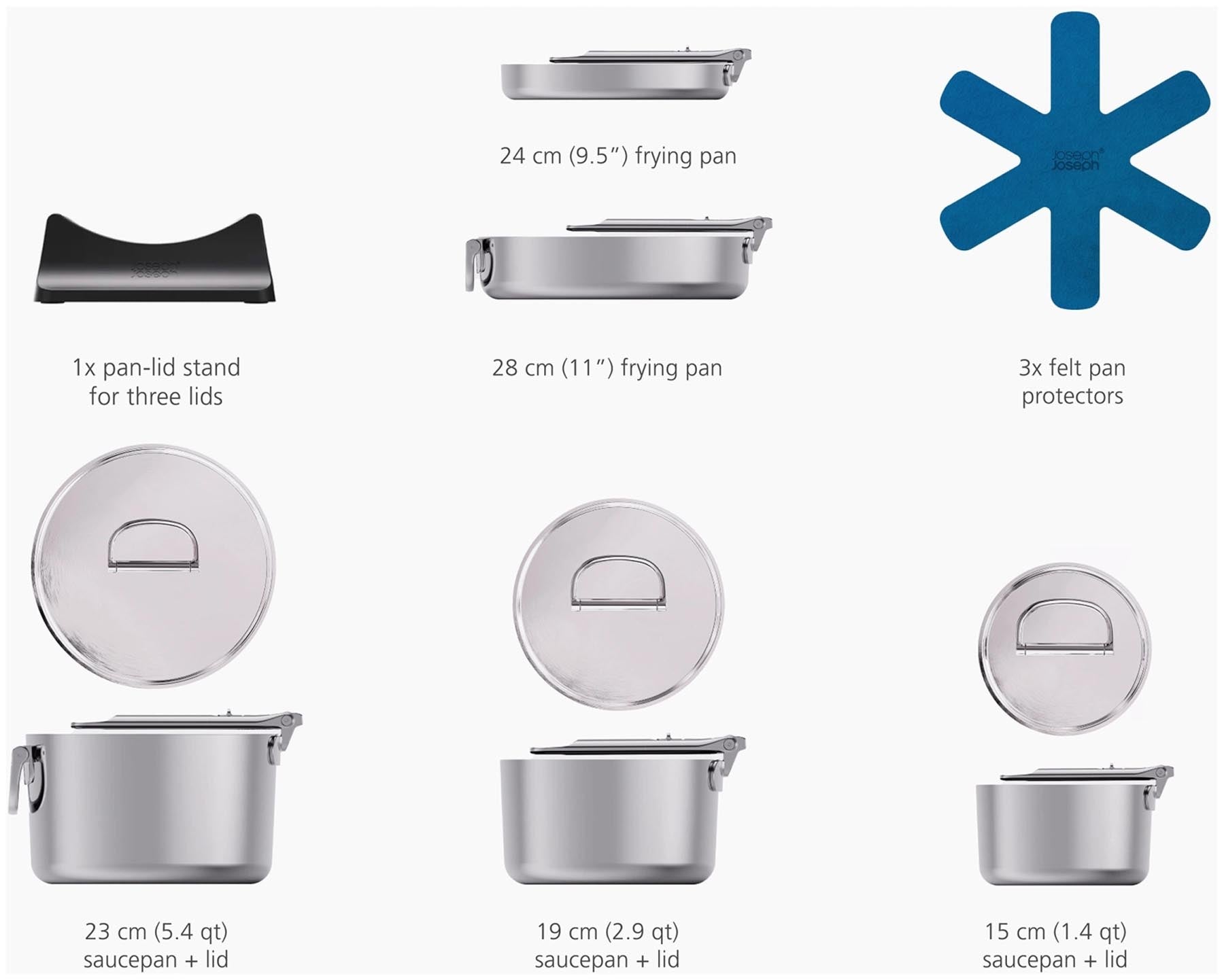 Vielseitiges 5-teiliges Pfannenset von Joseph Joseph mit klappbarem Griff, ideal für platzsparende Aufbewahrung und verschiedene Kochbedürfnisse.