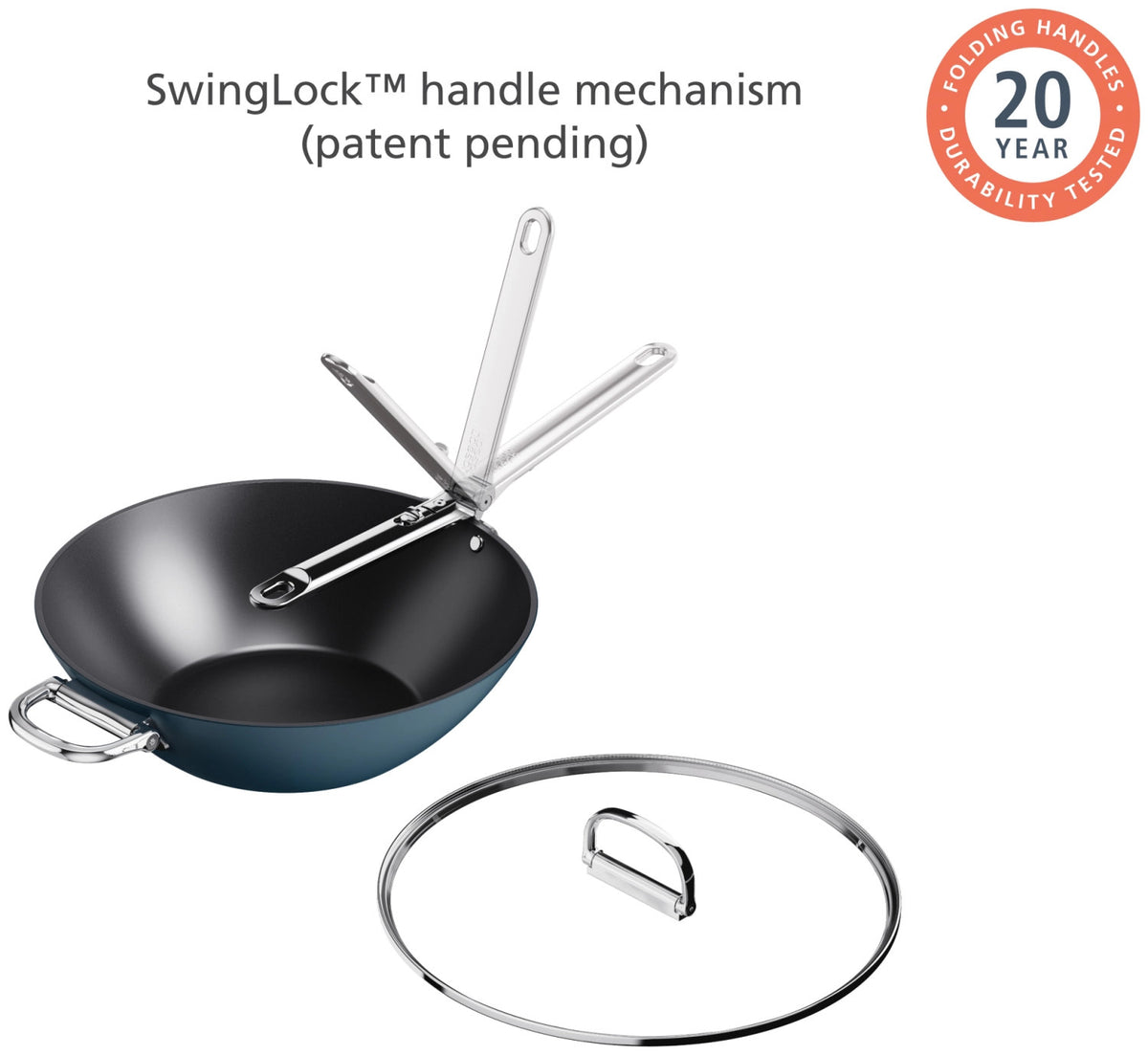 Space Wok D32cm Edelstahl mit Klappgriff und Deckel antihaft in Silber präsentiert im Onlineshop von KAQTU Design AG. Wok Pfanne ist von Joseph Joseph