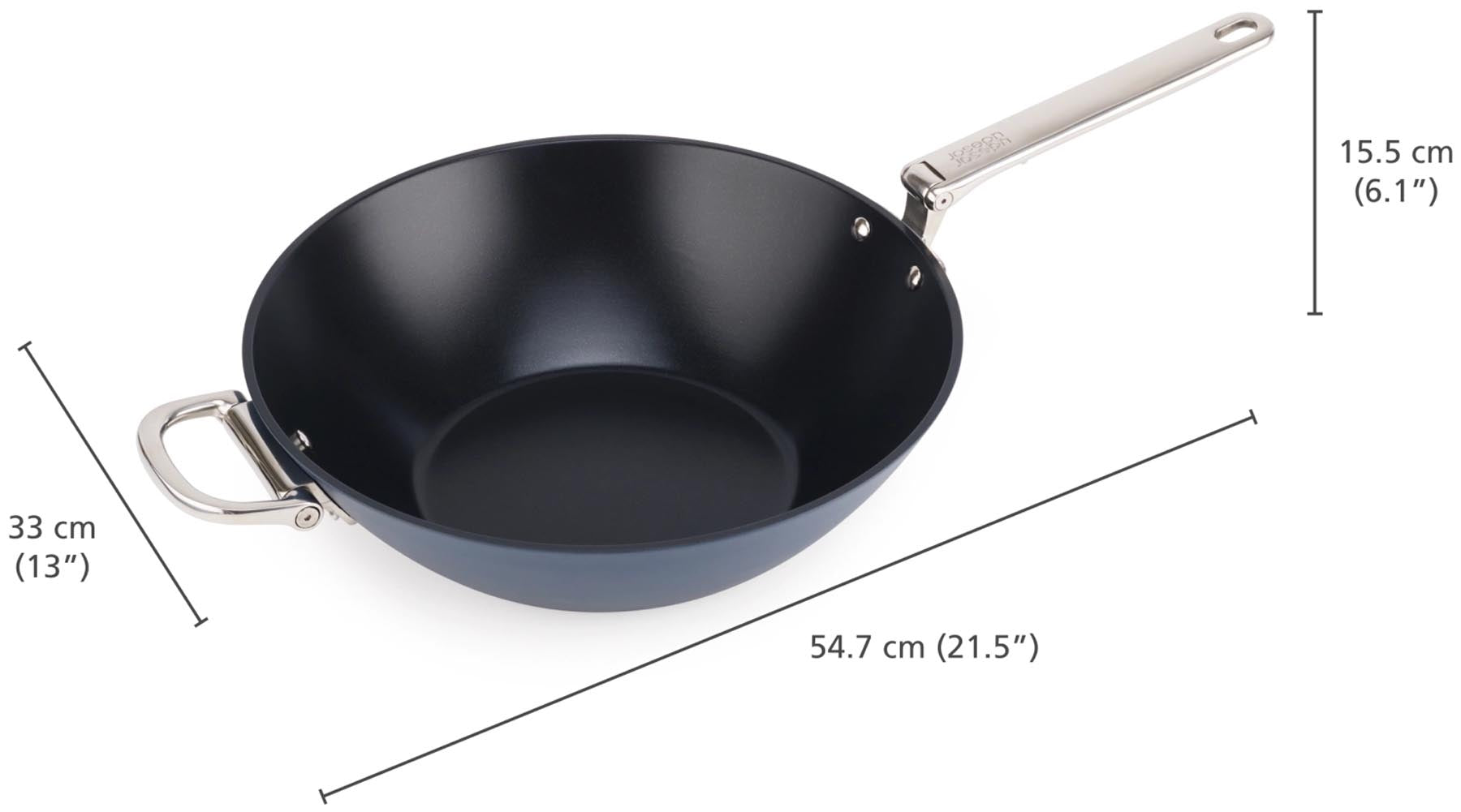 Eleganter 32 cm Wok aus Edelstahl von Joseph Joseph, ideal für gesundes Kochen mit klappbarem Griff und antihaftendem Deckel.