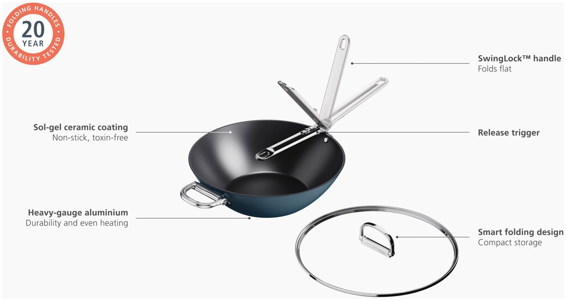Hochwertiger 32 cm Wok aus Edelstahl von Joseph Joseph, ausgestattet mit einem praktischen Klappgriff und einem antihaftbeschichteten Deckel für müheloses Kochen.