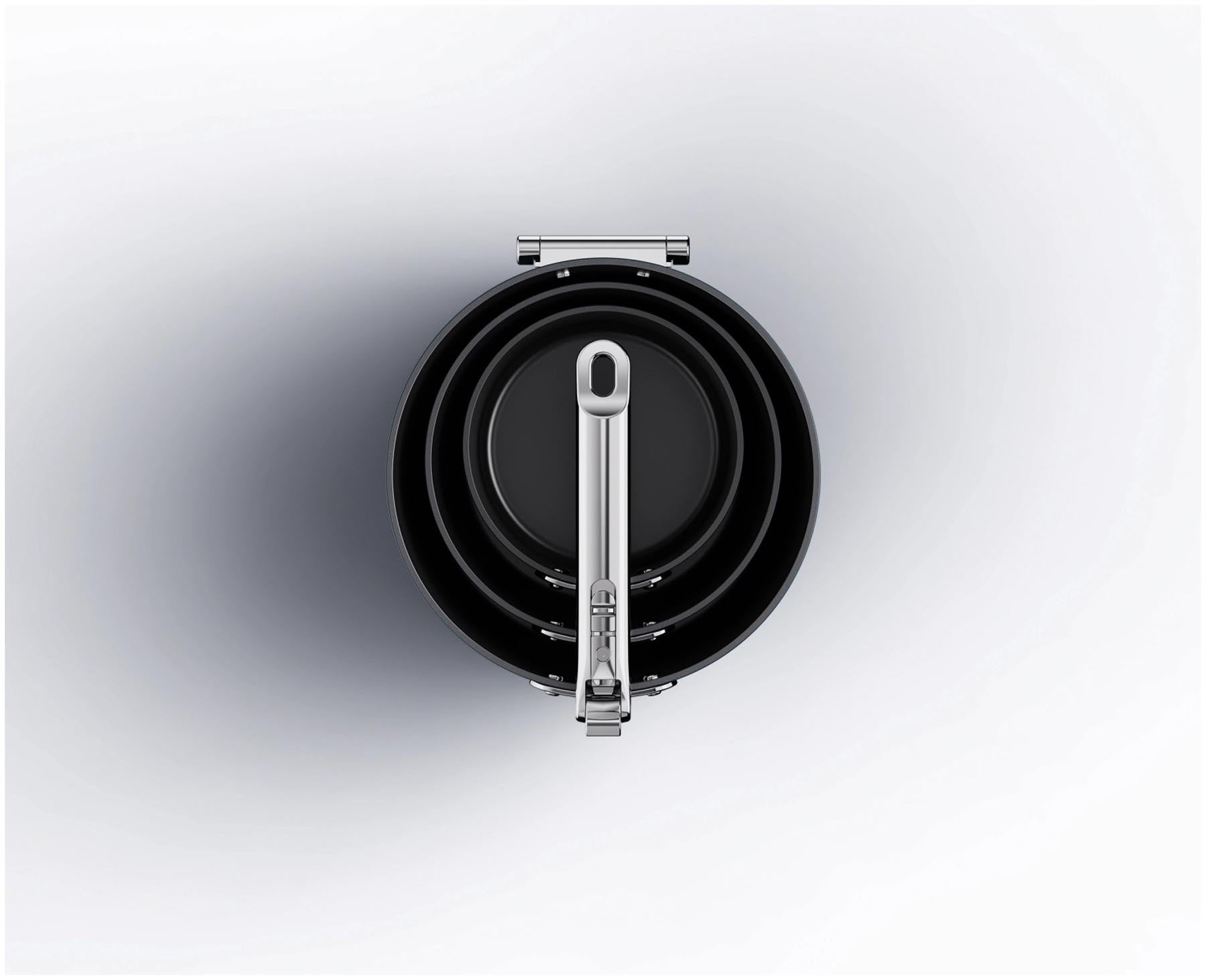 Praktisches 3-teiliges Kochtopfset von Joseph Joseph, antihaftbeschichtet, perfekt für effizientes Kochen und platzsparende Aufbewahrung.