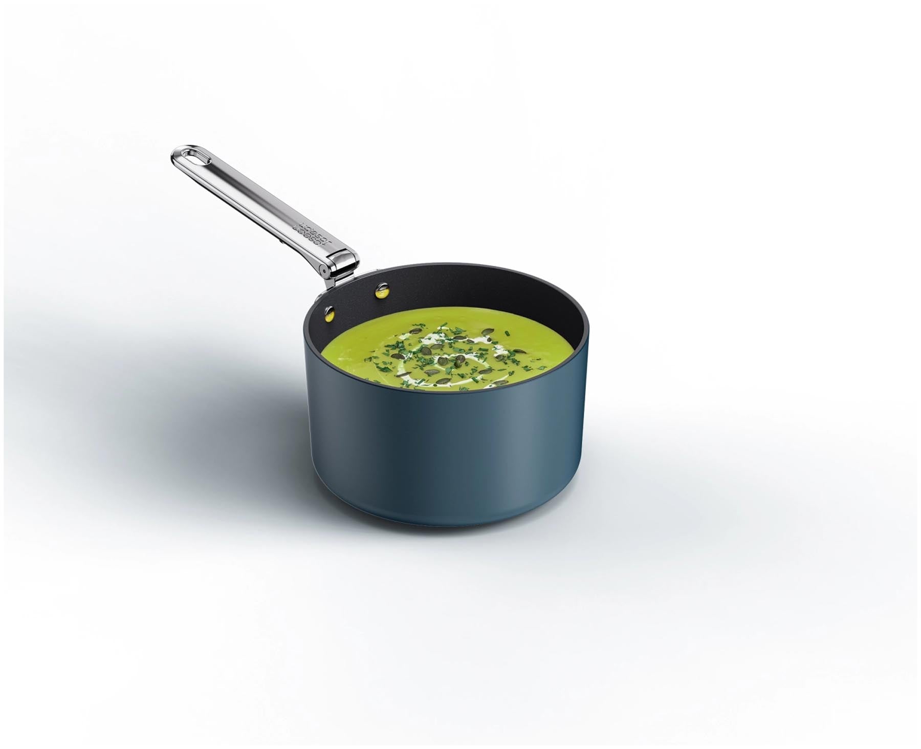 Praktisches 3-teiliges Kochtopfset von Joseph Joseph, bestehend aus Töpfen mit Durchmessern von 15, 19 und 23 cm, ideal für effizientes Kochen und Aufbewahrung.