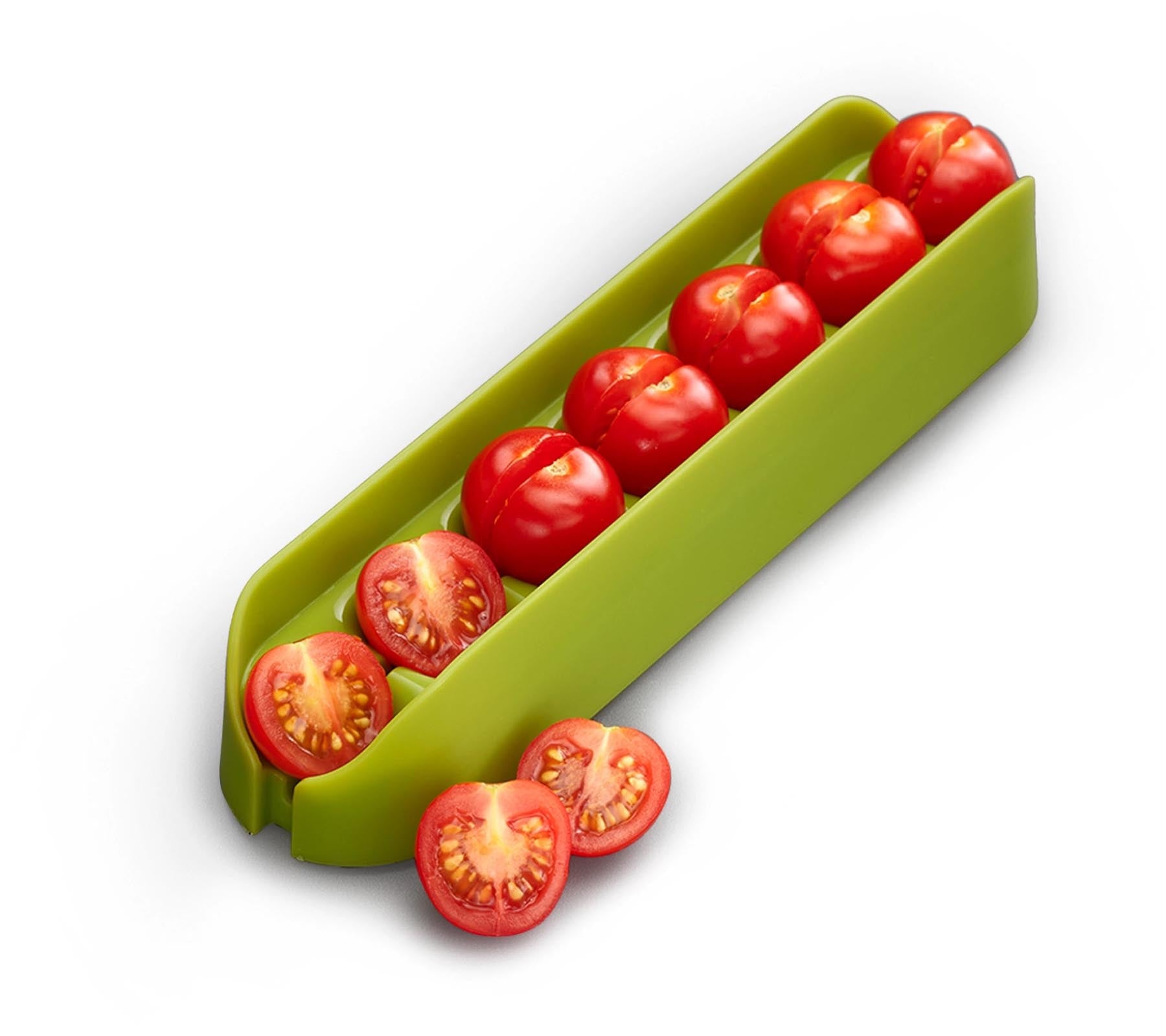 Innovative Halve-It Schneidehilfe von Joseph Joseph in lebhaftem Grün, perfekt für müheloses und genaues Teilen von Obst und Gemüse.