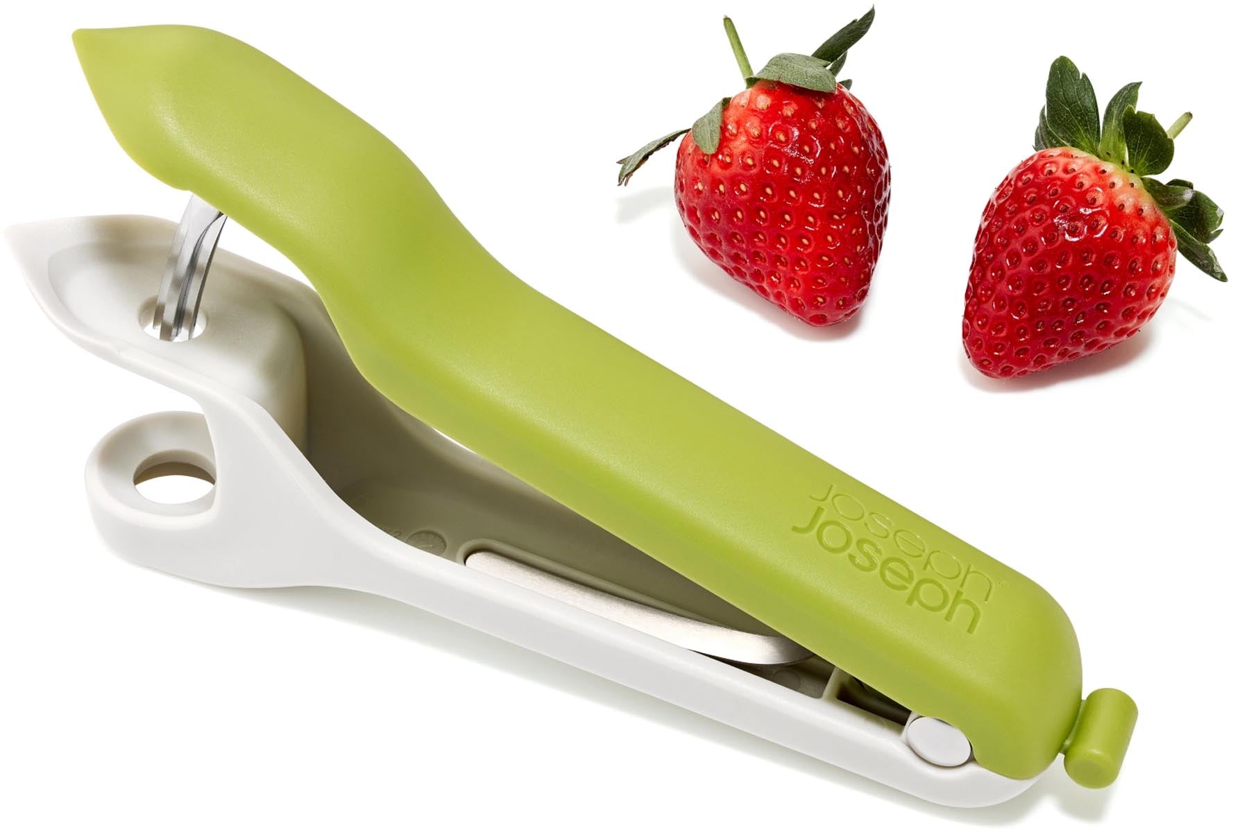 Vielseitiger Tweezy 2-in-1 Entkerner von Joseph Joseph in lebhaftem Grün, perfekt zum mühelosen Entkernen und Schneiden von Früchten.