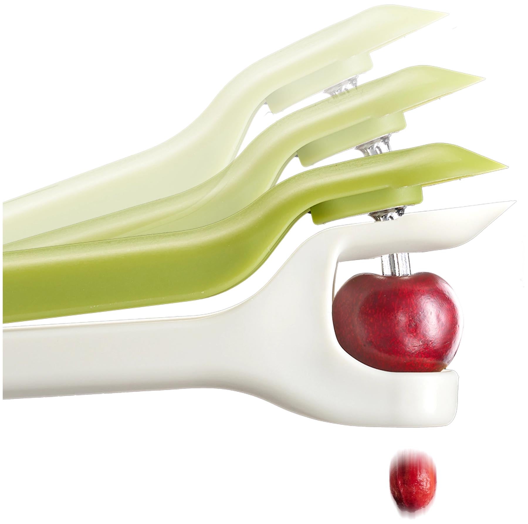 Stylischer Tweezy 2-in-1 Entkerner von Joseph Joseph in lebhaftem Grün, perfekt für müheloses Entkernen und präzises Schneiden von Früchten.