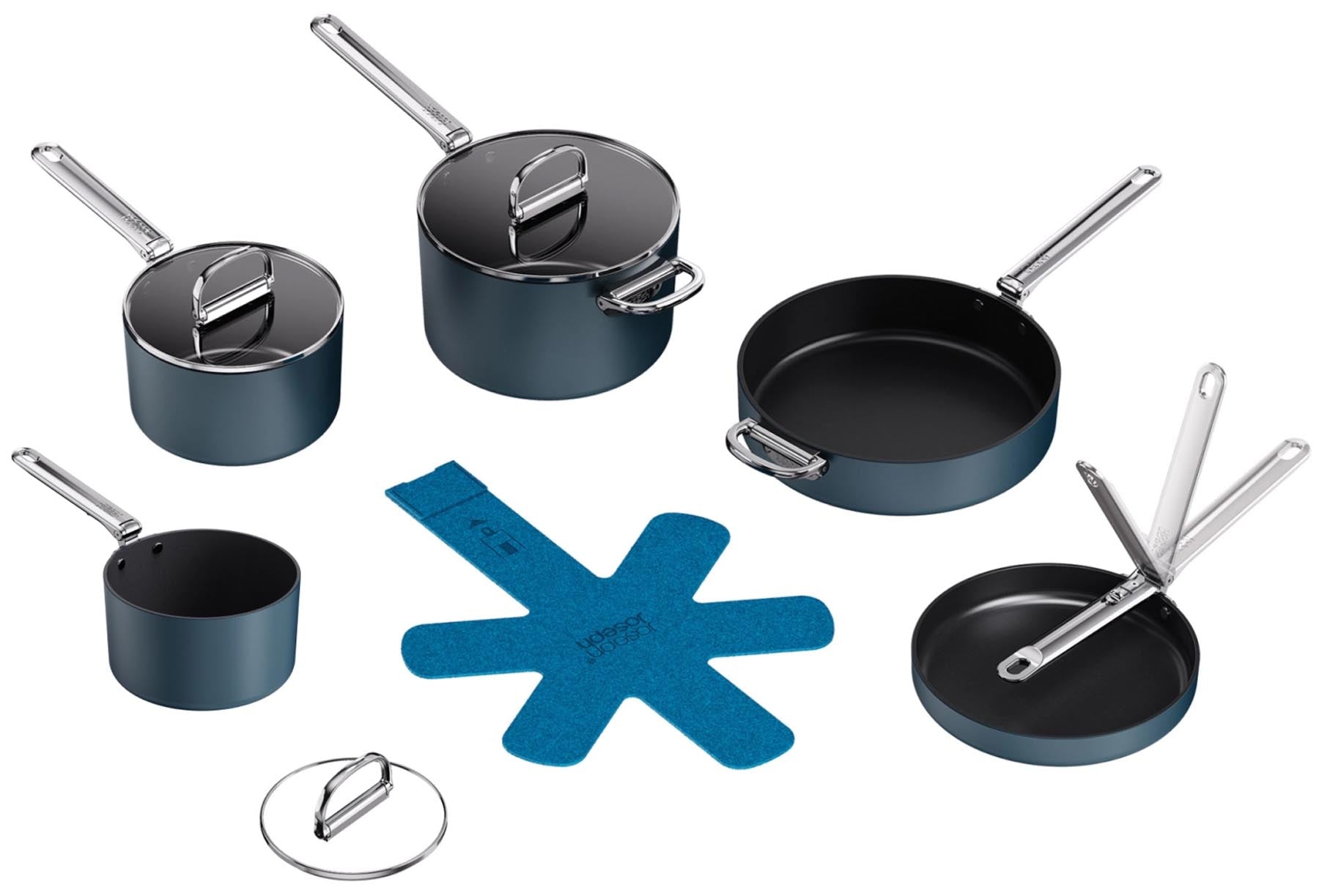 5er Set Space Kochset 15+19+23+24+28cm +3x Pfannenschutz in Blau präsentiert im Onlineshop von KAQTU Design AG. Topf ist von Joseph Joseph