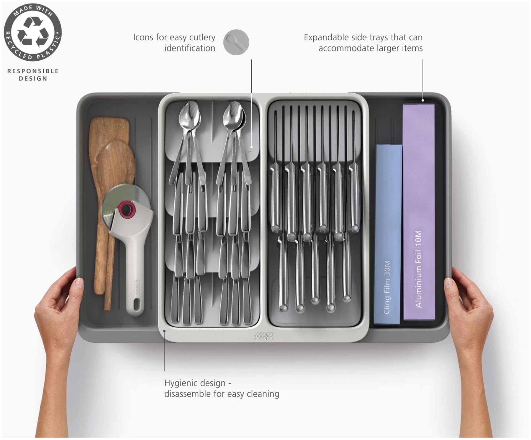 Praktischer und umweltfreundlicher Besteckkasten von Joseph Joseph, aus recyceltem Kunststoff, ideal für die flexible Organisation von Besteck in der Küche.