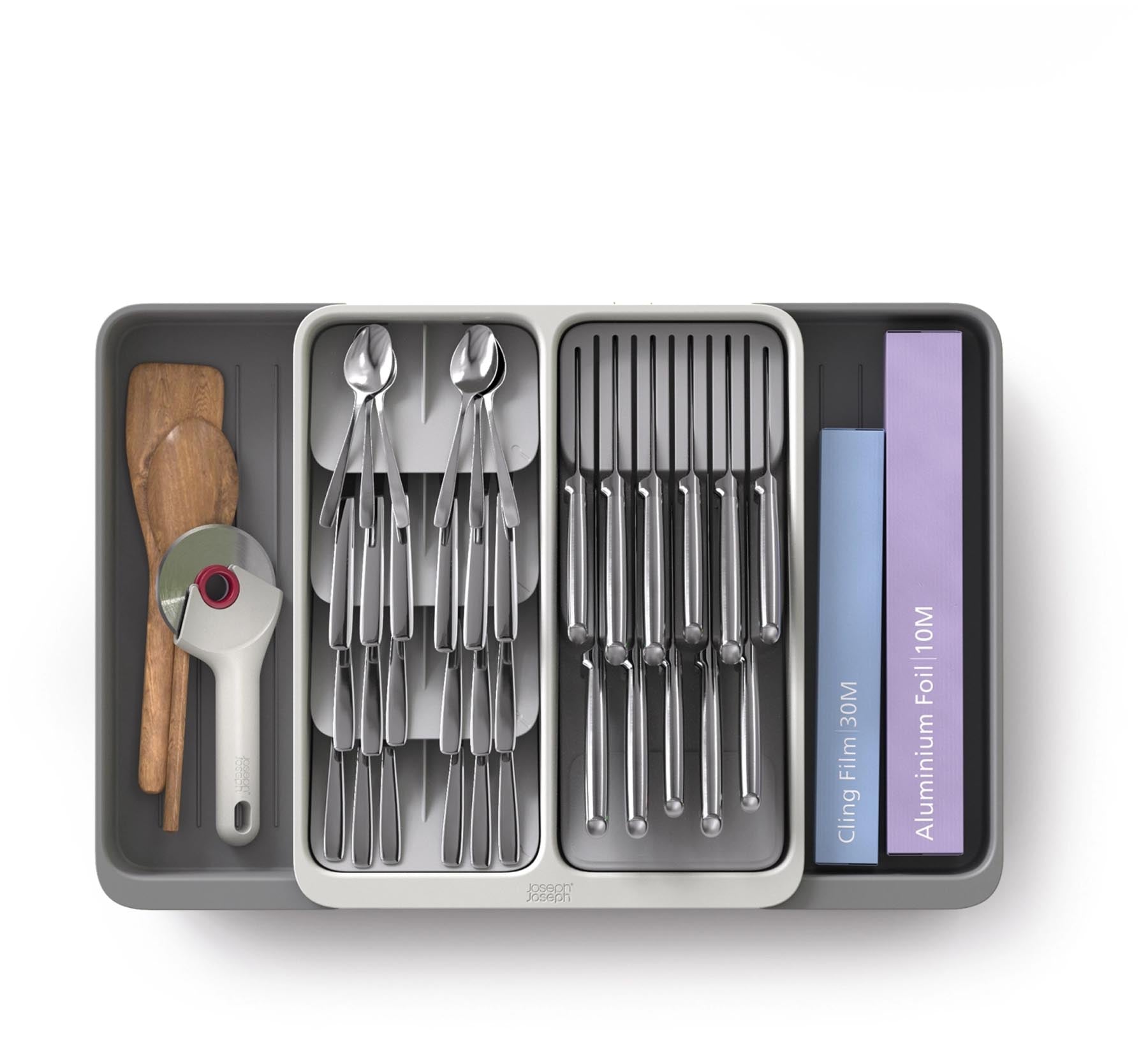 Moderner, anpassbarer Besteckkasten aus recyceltem Kunststoff in schickem Grau, ideal für eine nachhaltige und ordentliche Kücheneinrichtung.