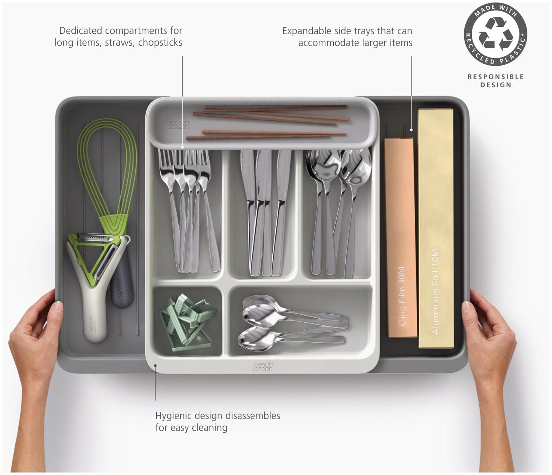 Praktischer und erweiterbarer Besteckkasten von Joseph Joseph, gefertigt aus recyceltem Kunststoff, perfekt für eine individuelle Schubladenorganisation.