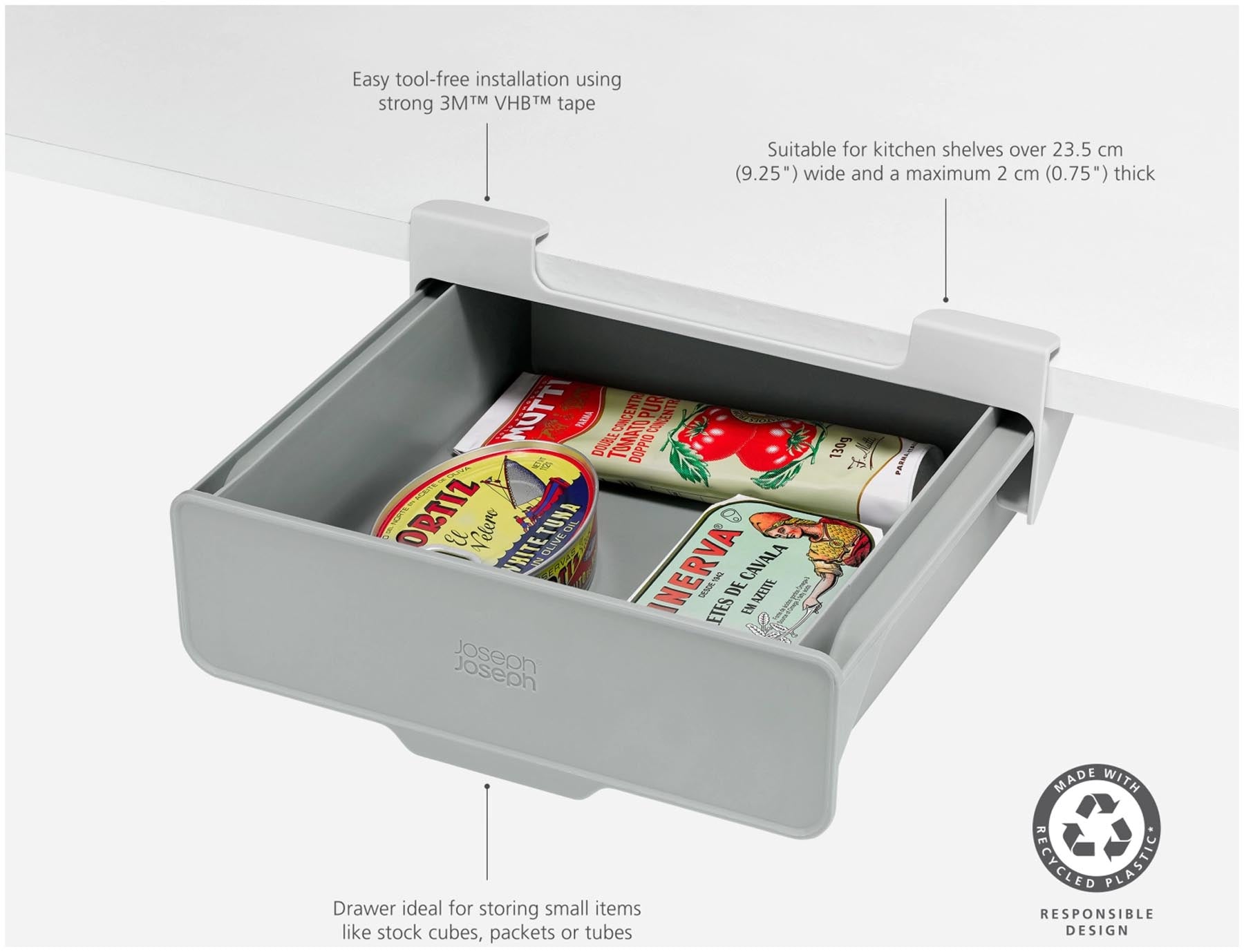 Praktische Unterregal-Schublade aus recyceltem Kunststoff von Joseph Joseph, ideal zur optimalen Nutzung von Stauraum in der Küche.