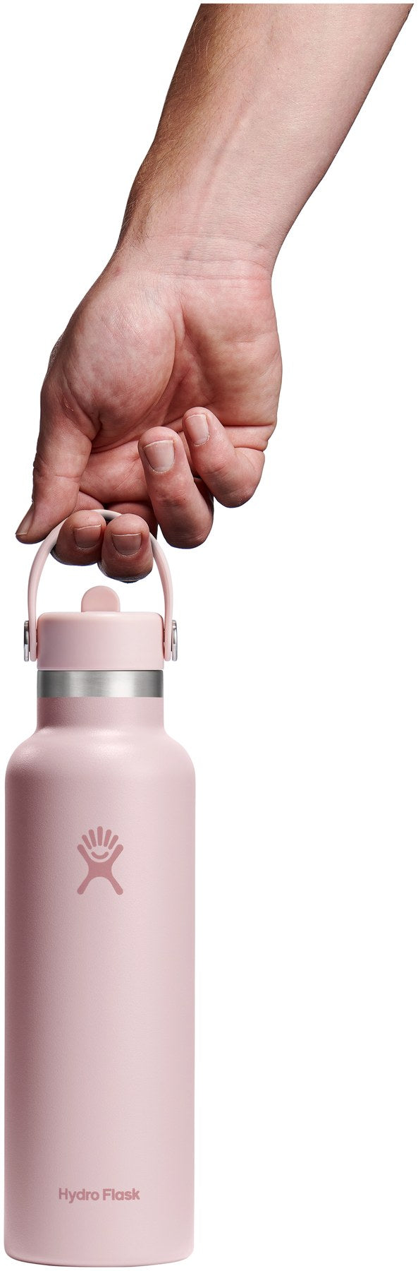 Rote Hydro Flask Trinkflasche aus isoliertem Material, 620 ml Fassungsvermögen, mit Flex Deckel und Strohhalm, zylindrische Form.