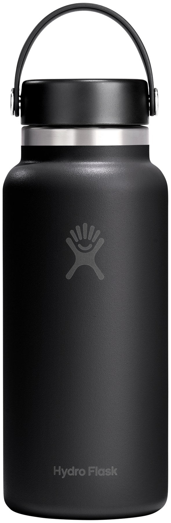 Schwarze Hydro Flask Wide Flex Cap Trinkflasche, Thermosflasche mit Schraubdeckel, schlanke zylindrische Form, Grösse ca. 9x9x28cm, freigestellt fotografiert.