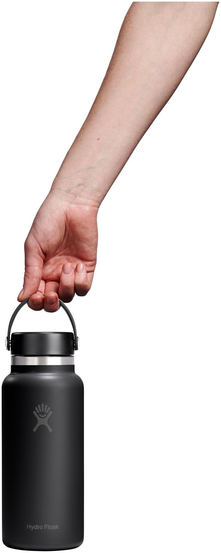 Schwarze Hydro Flask Wide Flex Cap Trinkflasche, Thermosflasche mit Schraubdeckel, schlanke zylindrische Form, Grösse ca. 9x9x28cm, freigestellt fotografiert.