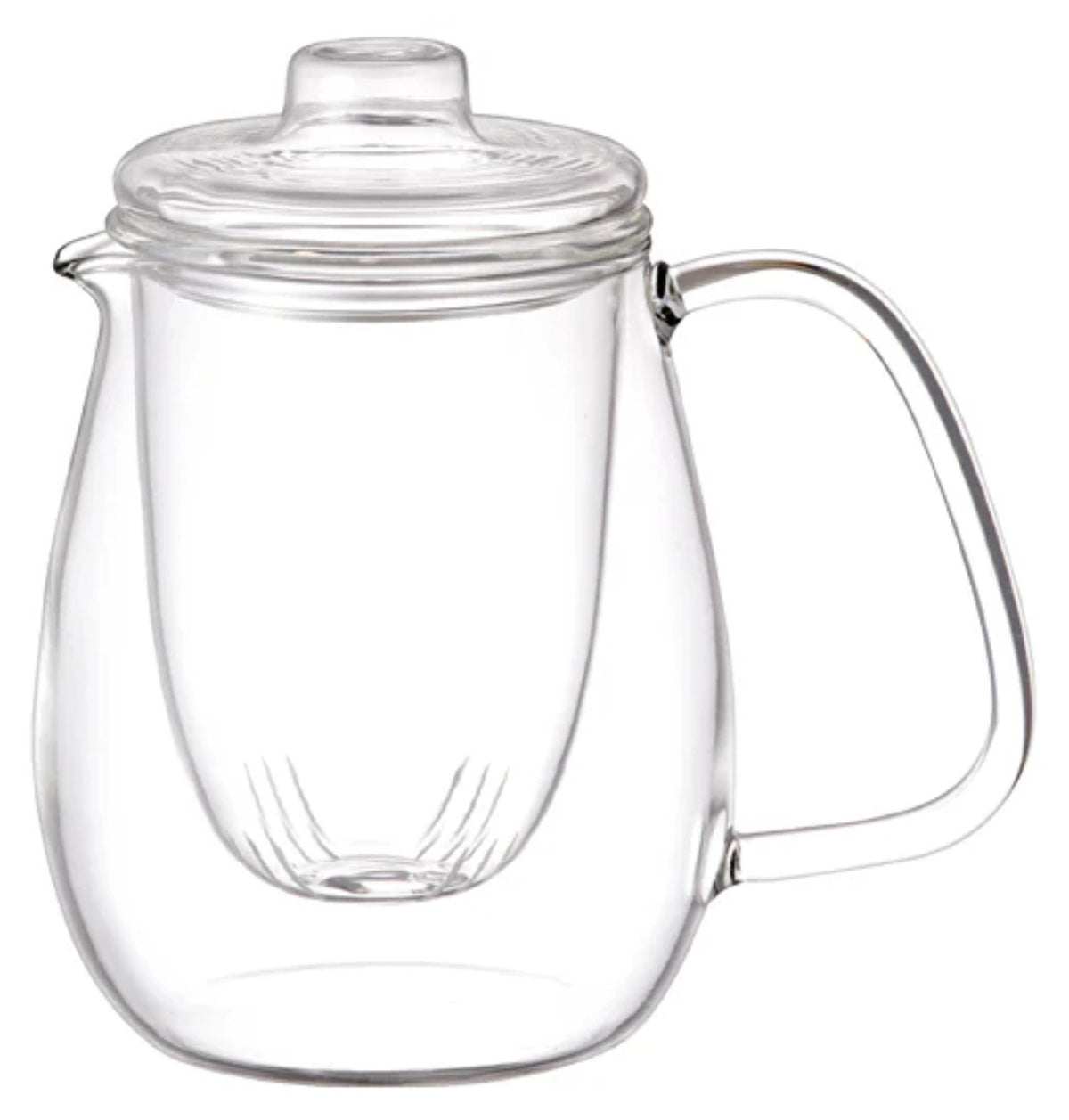 Transparente Teekanne aus Glas mit grossem, bogenförmigem Henkel, Marke Kinto, Grösse 8x8x14.5cm, auf weissem Hintergrund.