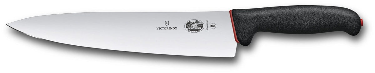Foto eines schwarzen Küchenmessers mit 25 cm Klinge und ergonomischem TPE-Griff von Victorinox, glatte Oberfläche, schlanke moderne Form.