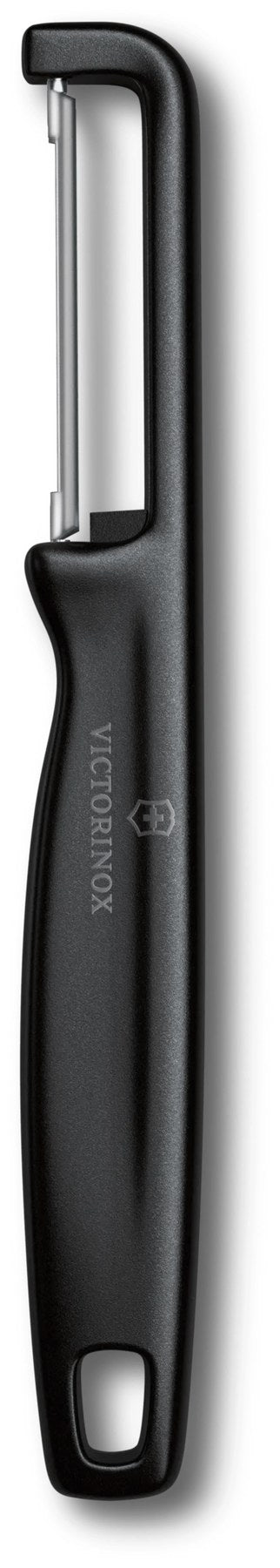 Schwarzer Schäler aus Polypropylen mit gerader, zweischneidiger Klinge und ergonomischem Griff, Marke Victorinox, Küchenhelfer.