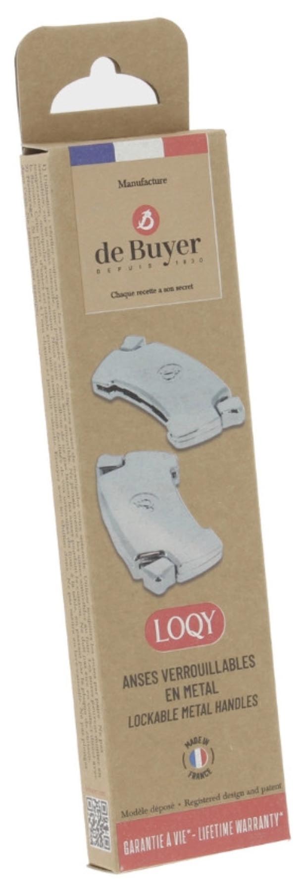 Stylisches 2er Set abnehmbarer Loqy Griffe mit praktischem Klickmechanismus in modernem Grau, perfekt für Ihre de Buyer Küchenutensilien.