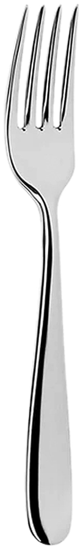 Silberne Dessertgabel aus Edelstahl 18/10, Modell City von Abert, mit schlankem Griff und kleiner Zinkenform, Länge 17.3 cm.