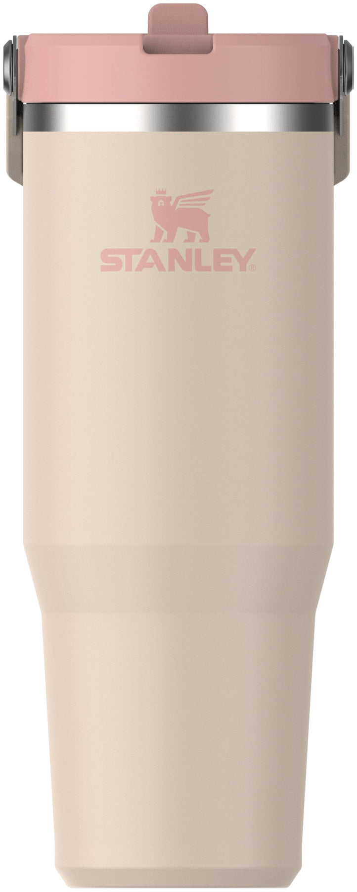 Beige Thermosflasche IceFlow Flip Straw Becher von Stanley mit Trinkhalm-Verschluss, Grösse 10x10x25.5 cm, Frontalansicht auf hellem Hintergrund.