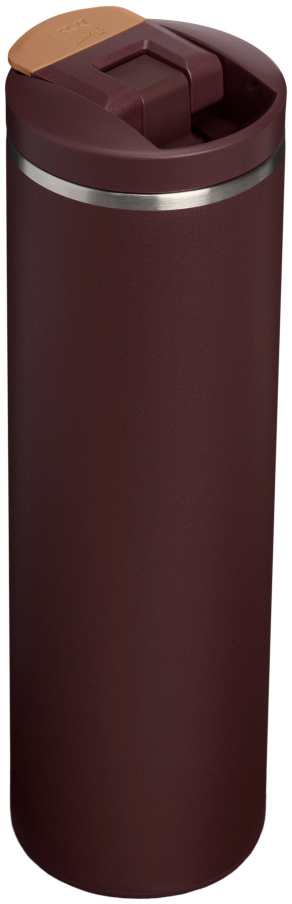 Braune Stanley Thermosflasche Transit Fliptop Becher in der Farbe coffee, hochformatig und schlank