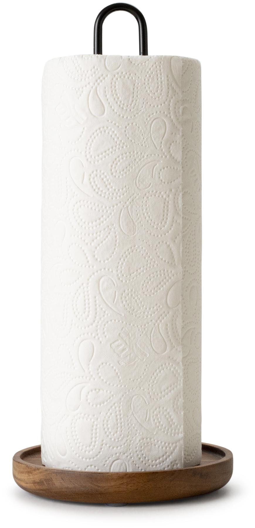 Eleganter Küchenrollenhalter aus robustem Akazienholz, ideal für eine stilvolle und praktische Aufbewahrung von Küchenrollen.