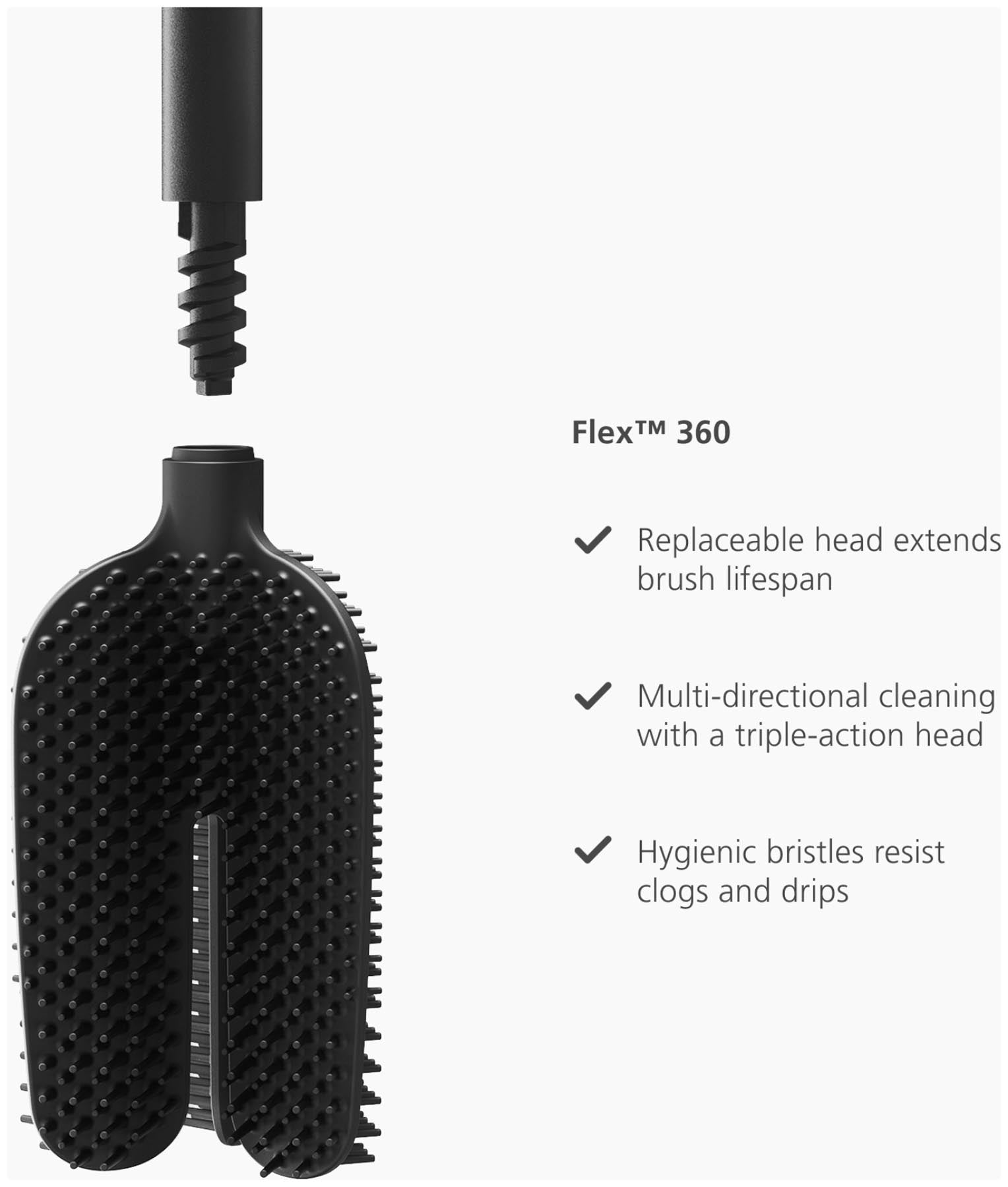 Elegante schwarze Flex 360 Lite WC Bürste von Joseph Joseph, ideal für eine gründliche und hygienische Toilettenreinigung.