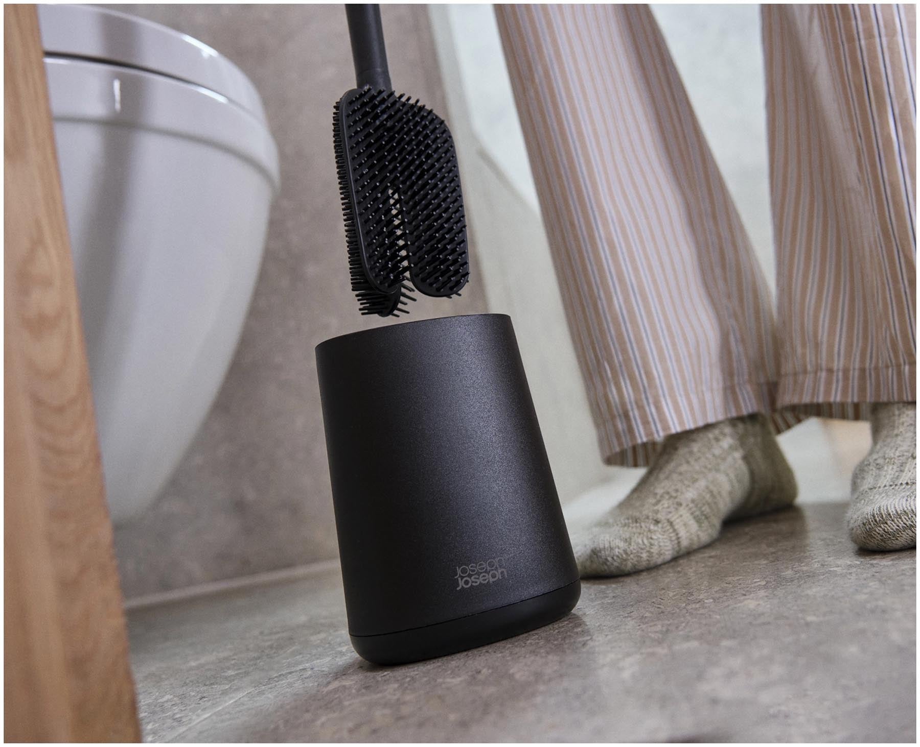 Elegante schwarze Toilettenbürste Flex 360 Lite von Joseph Joseph, ideal für gründliche Reinigung und stilvolle Badezimmergestaltung.