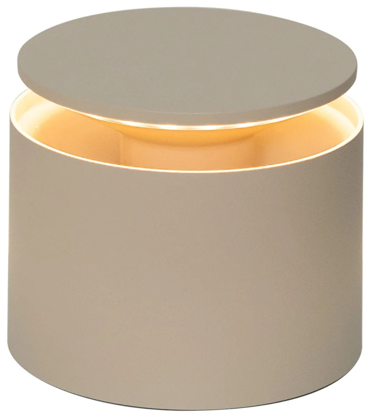 Beige Push-Up Tischlampe von Zafferano, rund, Durchmesser 12 cm, Höhe 8.3 cm, mit Touch-Schalter am Sockel und Ladestation.