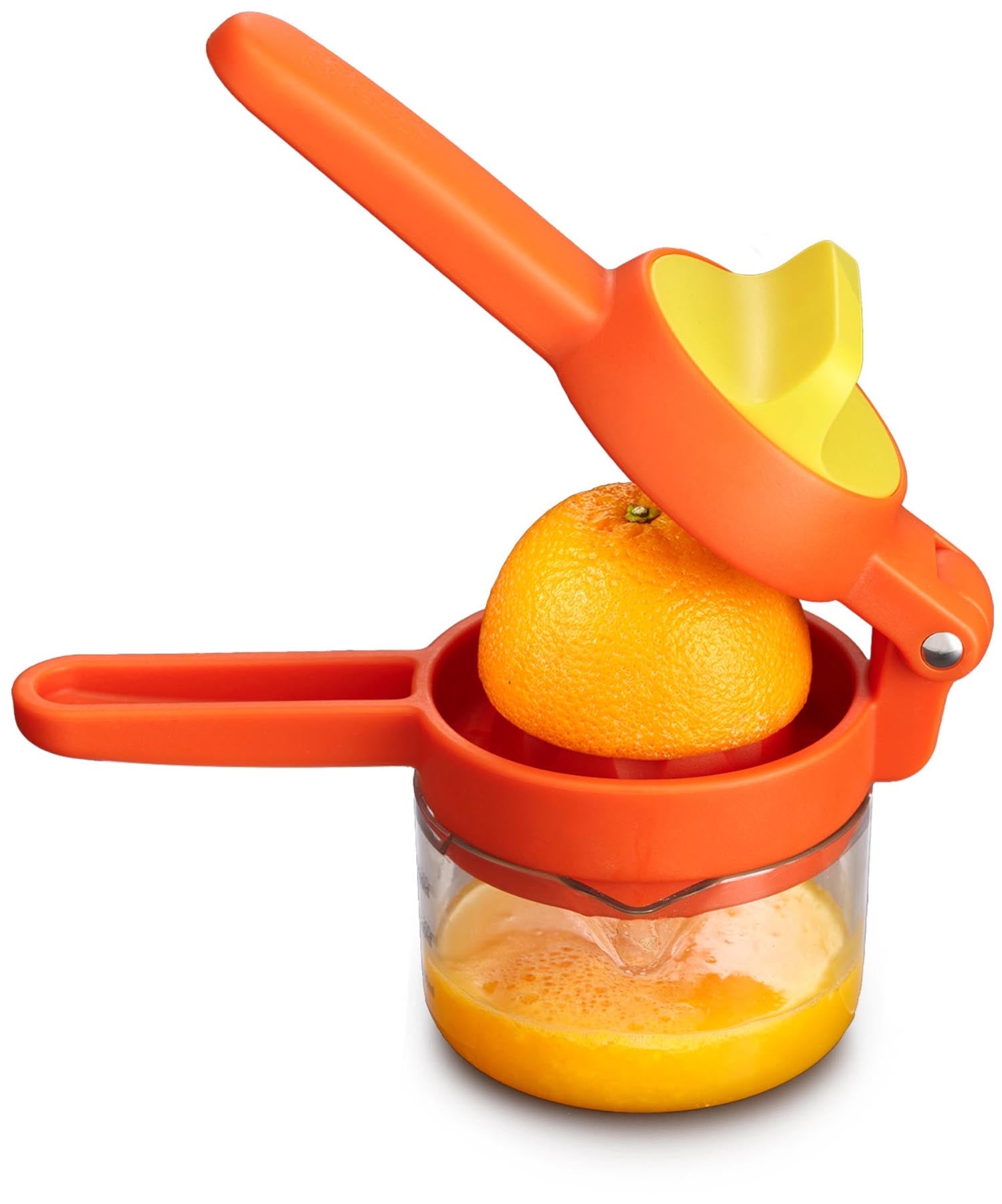 Die JuiceMax Plus Citrus Presse in lebhaftem Orange von Joseph Joseph, ideal für müheloses Auspressen von Zitrusfrüchten.