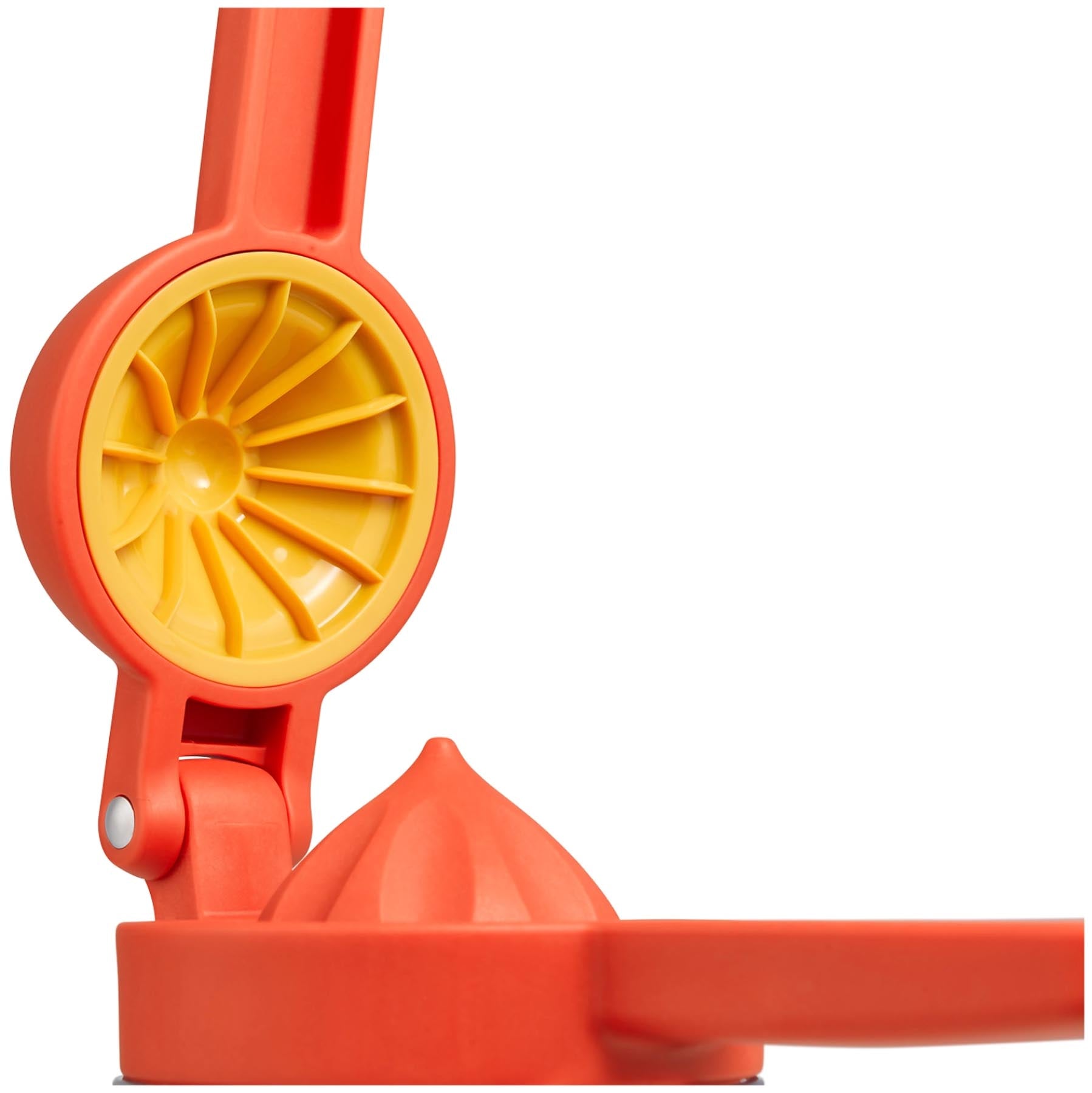 Die JuiceMax Plus Citrus Presse in leuchtendem Orange von Joseph Joseph, ideal für die einfache Saftgewinnung aus Zitrusfrüchten.