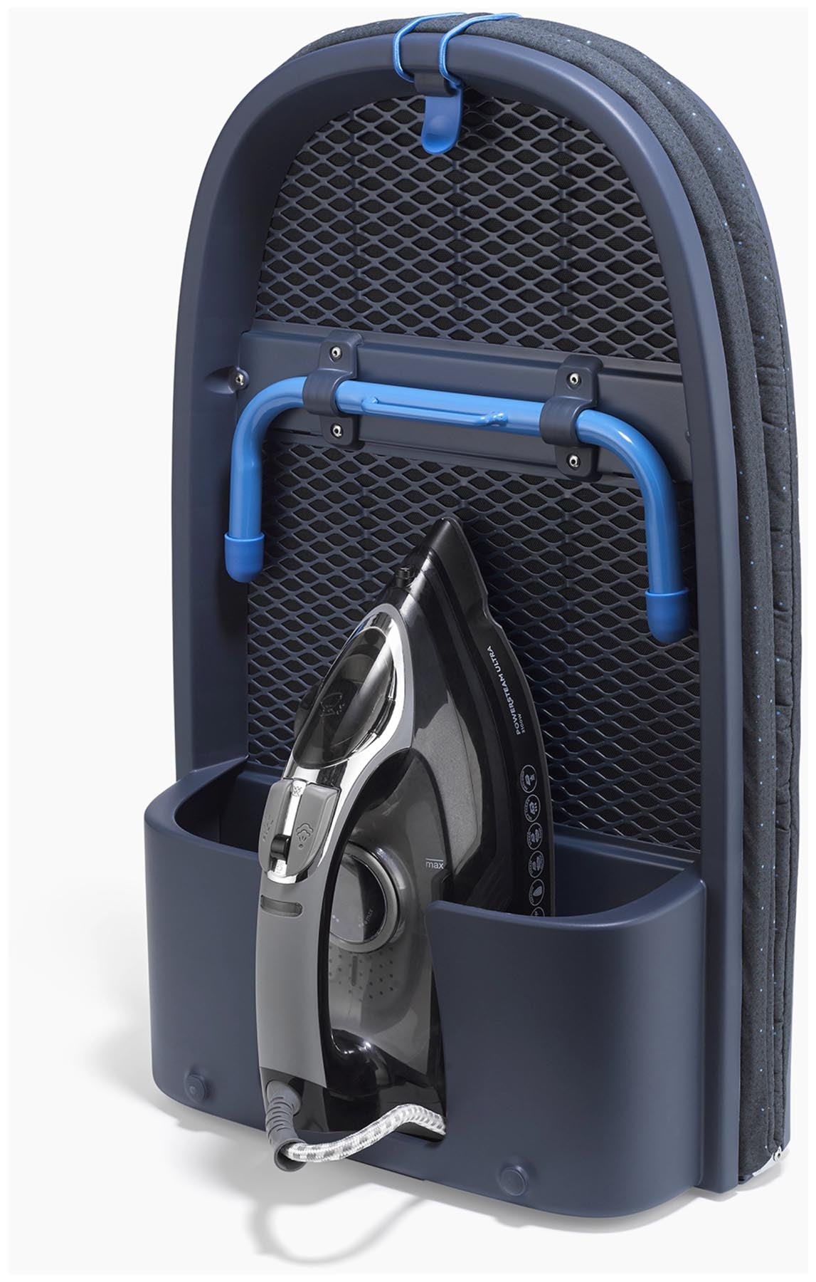 Kompaktes Bügelbrett in elegantem Schwarz und Blau, ideal für effizientes Bügeln in kleinen Räumen und für unterwegs.