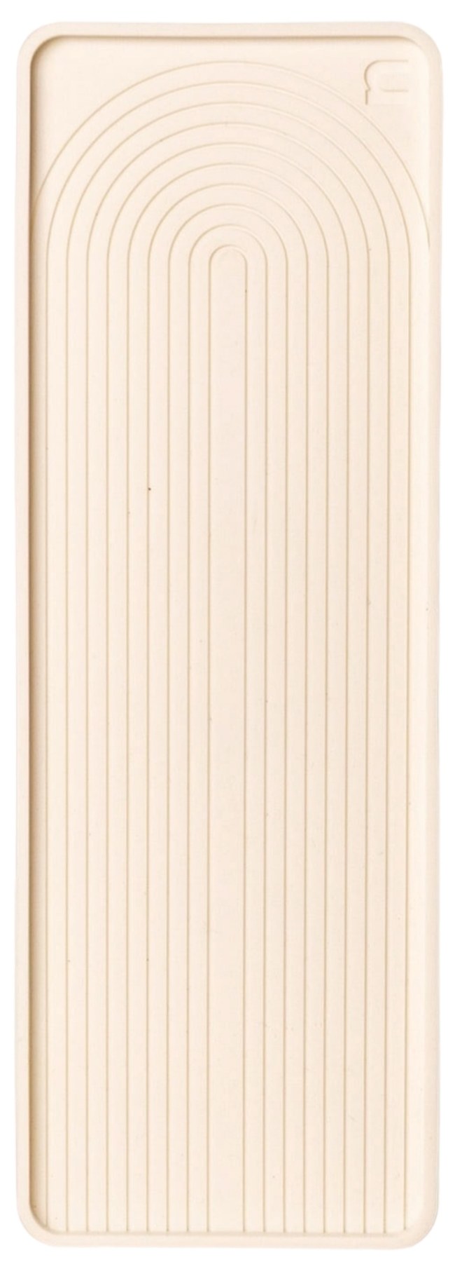 Weisse Abtropfmatte aus Silikon von Nordesign mit strukturierter Oberfläche im nordischen Bogenmuster, Masse 28 x 10 x 1 cm, erhöhte Rillen.