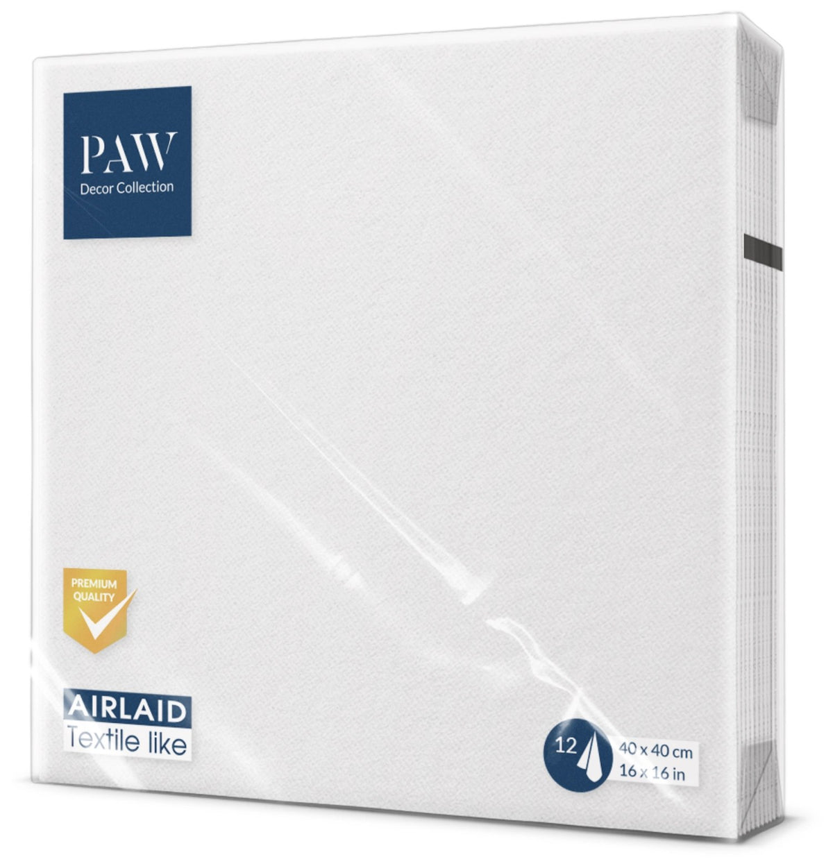 Weisse Papierservietten von PAW im Format 40x40cm, unifarben gestaltet, zwölf Stück gestapelt für den Dinnertisch abgebildet.