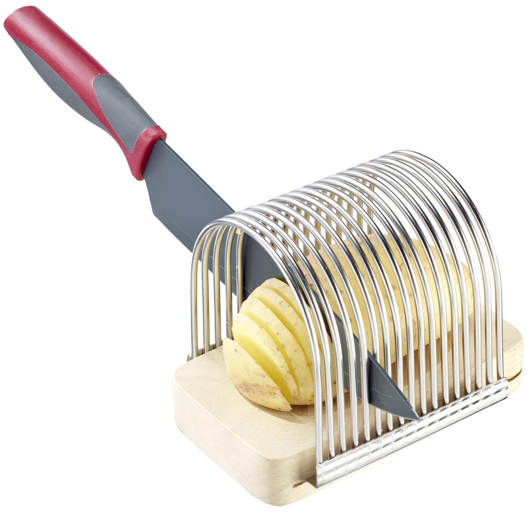 Fächerkartoffelschneider von Westmark, ideal für gleichmäßige und dekorative Kartoffelscheiben. Perfekt für kreative Kochideen und ansprechende Serviermöglichkeiten.