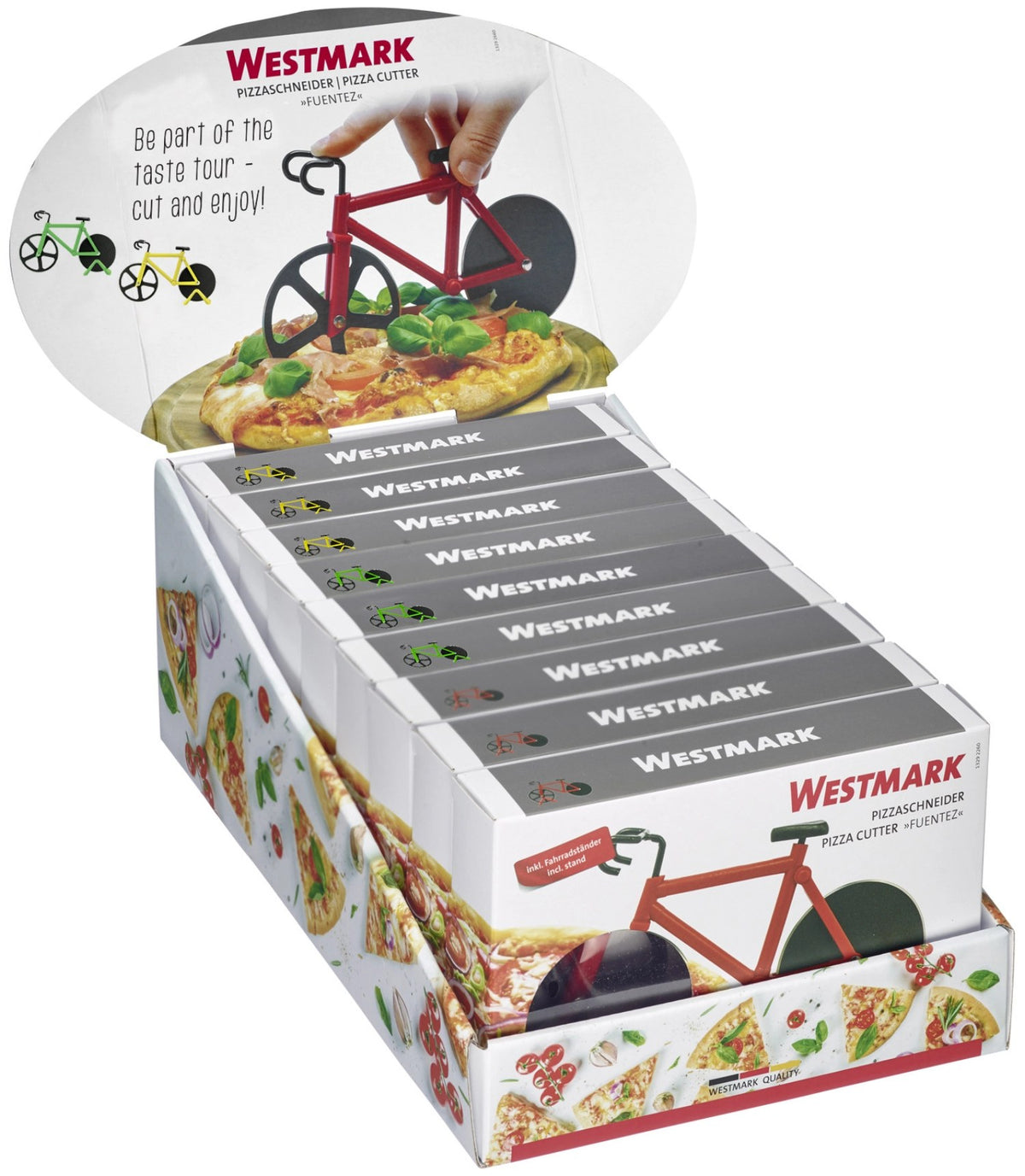Graues Display mit neun Pizzaschneidern der Serie Fuentez von Westmark, Fahrrad-Form mit Rädern in Gelb, Grün und Rot, auf Ständer stehend.