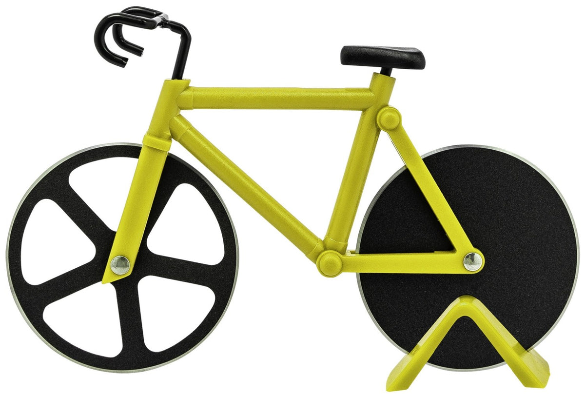 Graues Display mit neun Pizzaschneidern der Serie Fuentez von Westmark, Fahrrad-Form mit Rädern in Gelb, Grün und Rot, auf Ständer stehend.