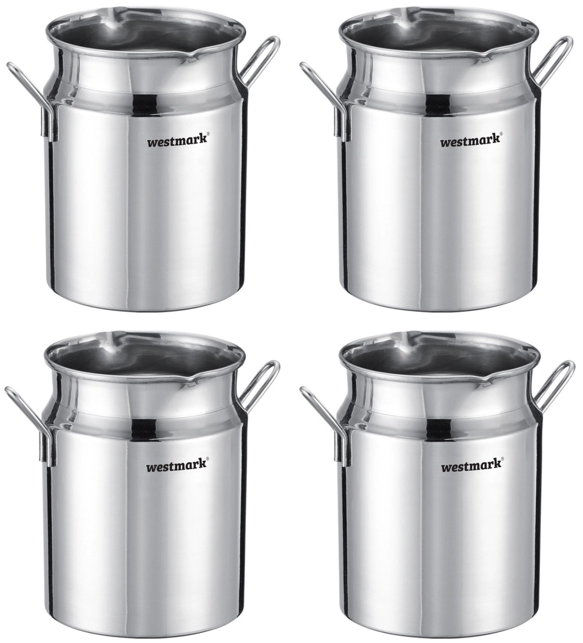 Vier Milchkännchen aus Chromstahl mit tropffreiem Ausgiesser, Fassungsvermögen je 500ml, Hersteller Westmark, im Display verpackt.