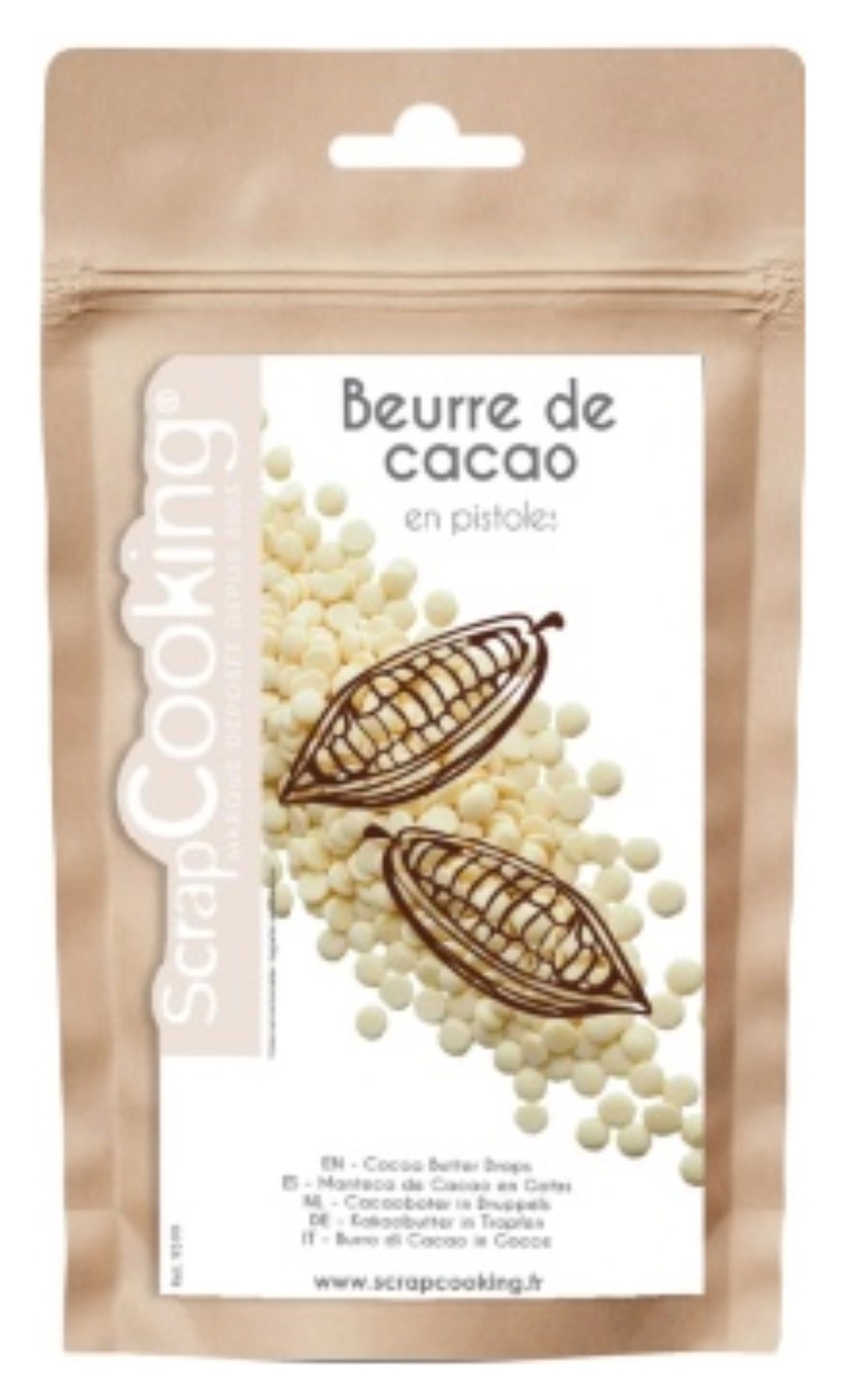 Verpackung der Kakaobutter 200g von Scrap Cooking in Weiss, Zutat für kreatives Backen mit Artikelnummer 9599 sichtbar.