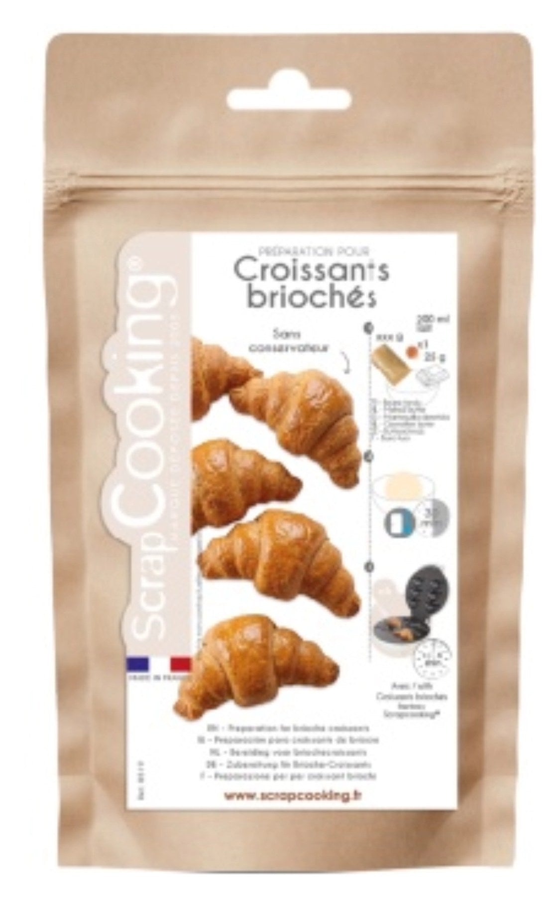 Braune Verpackung der Brioché Croissants Backmischung 285g von Scrap Cooking, Masse 22.8 x 13.3 x 4.8 cm, rechteckige Form.