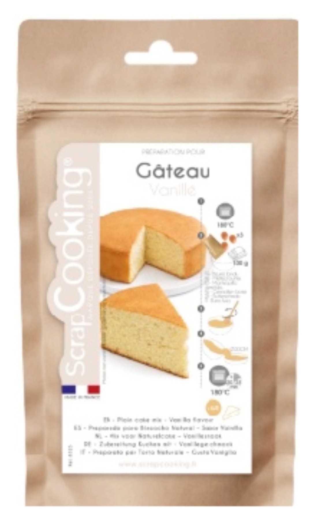 Braune Verpackung der Vanillekuchen Backmischung 290g von Scrap Cooking, rechteckige Schachtel mit Produktaufdruck, Kategorie Zutaten.