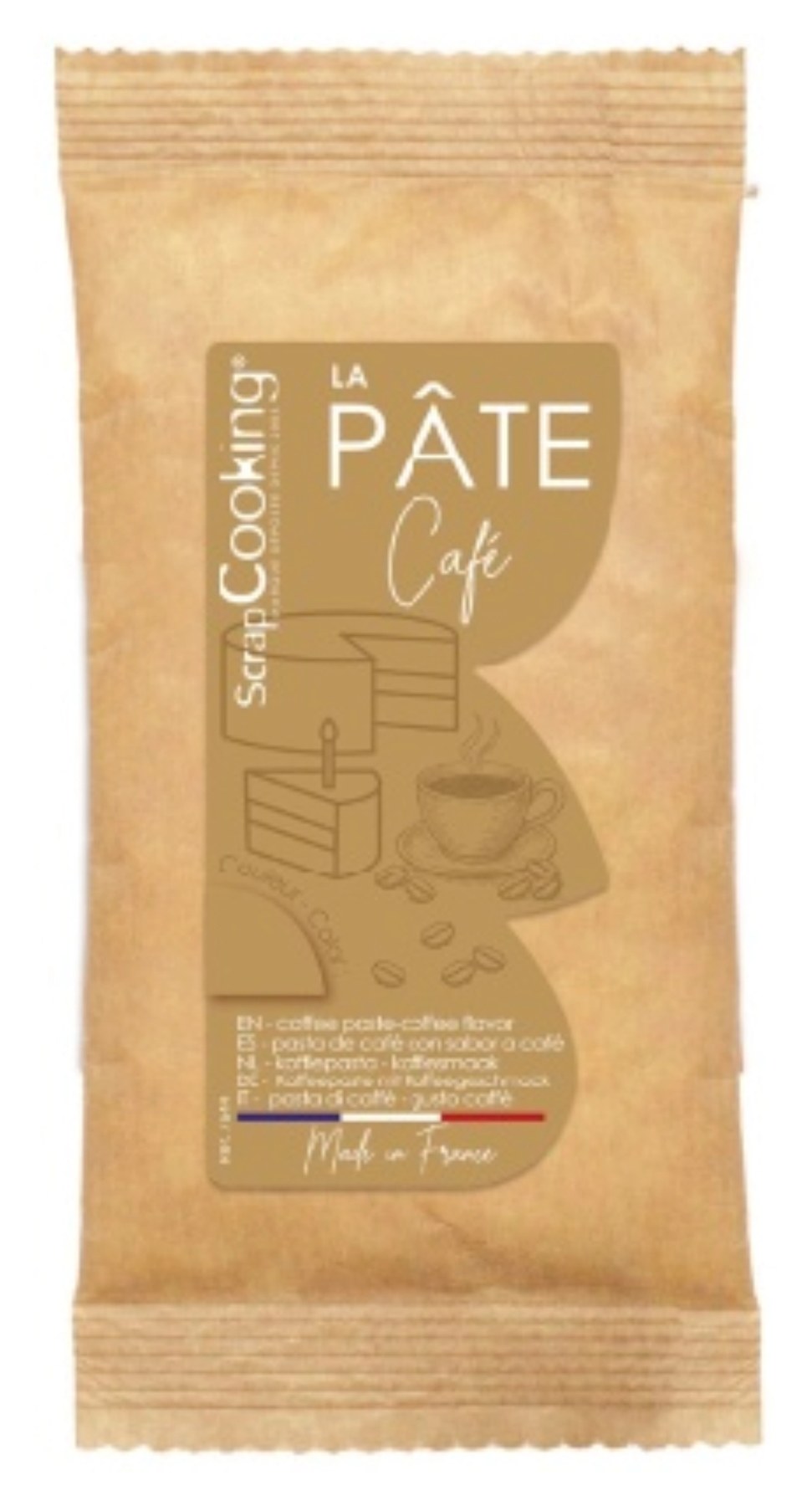 Verpackung der braunen Zuckerpaste Kaffee 250g von Scrap Cooking, Zutat zum Modellieren und Dekorieren von Backwaren.