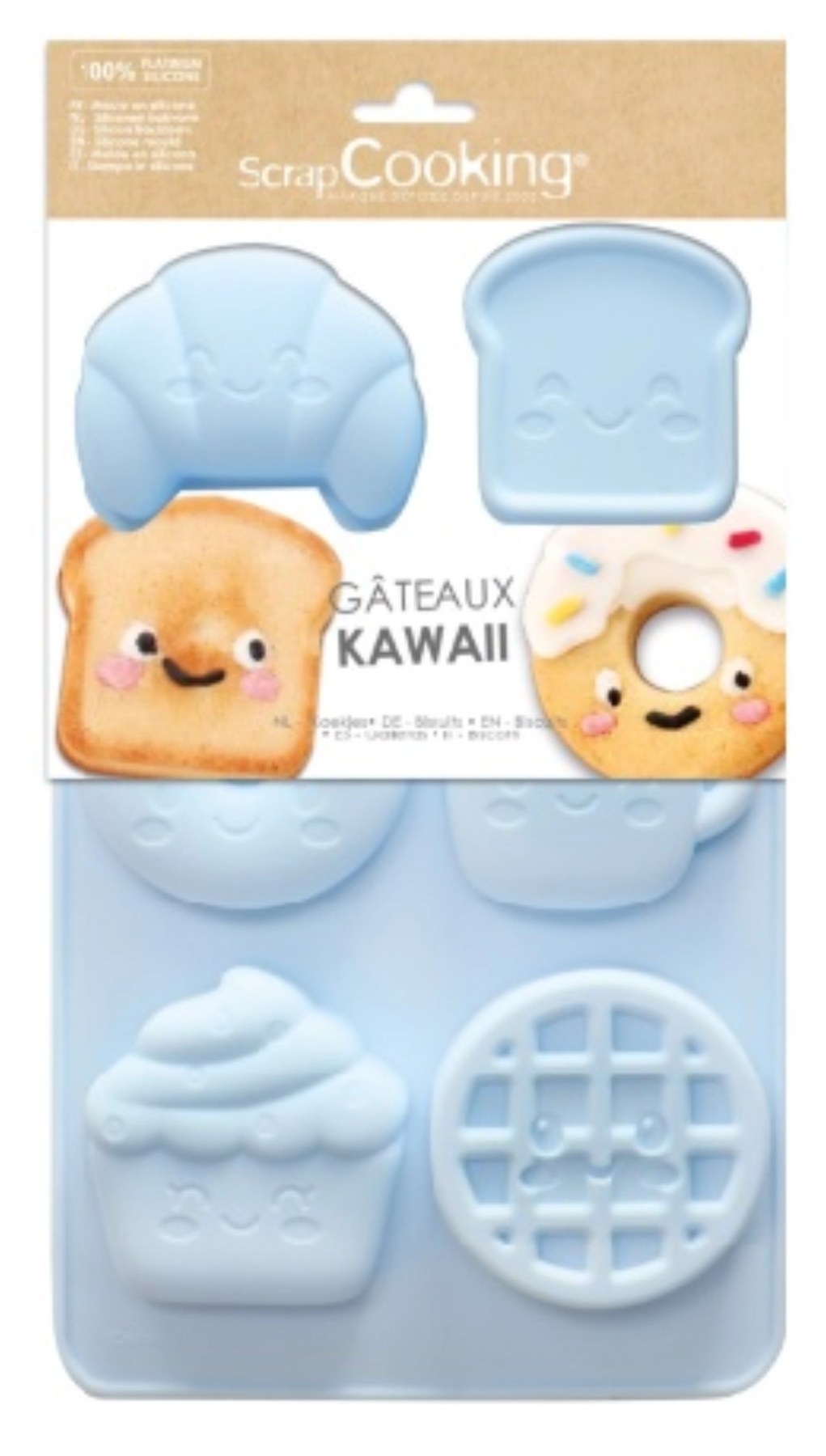 Hellblaue Silikonform Kawaii von Scrap Cooking, Backform mit niedlichen Kawaii-Motiven, Masse 32.3 x 17.6 x 2.8 cm, aus Silikon.