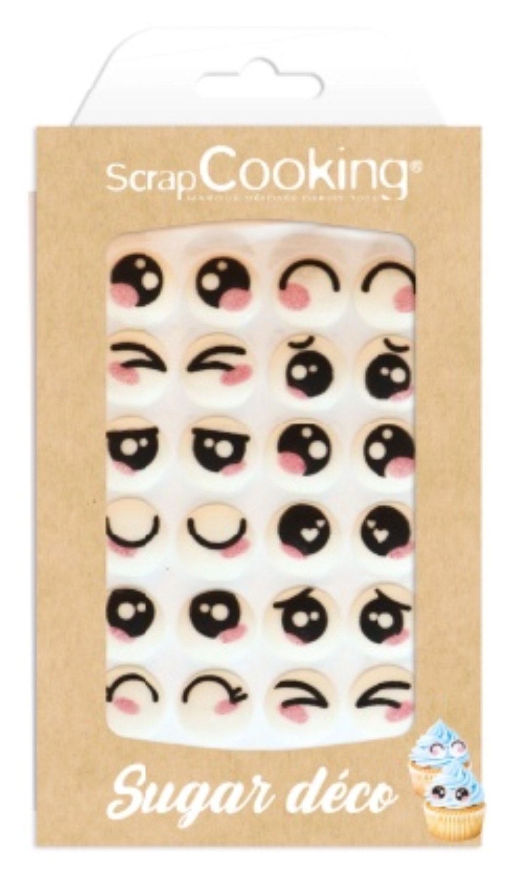 Weisses Zuckerdekor mit Kawaii-Augen-Motiv von Scrap Cooking, flaches essbares Dekorelement in Rechteckform für Backwaren.