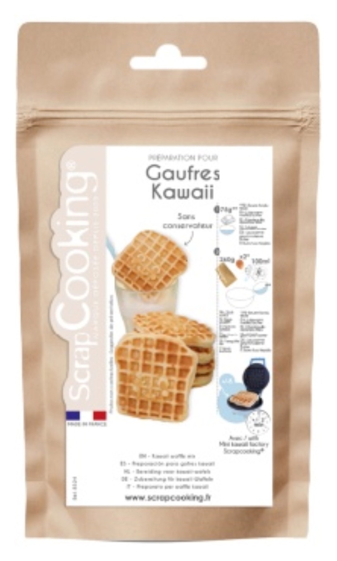 Braune Verpackung des Waffelmix Kawaii 260g von Scrap Cooking, rechteckige Form mit den Massen 22.6 x 13.3 x 5.8 Zentimeter.