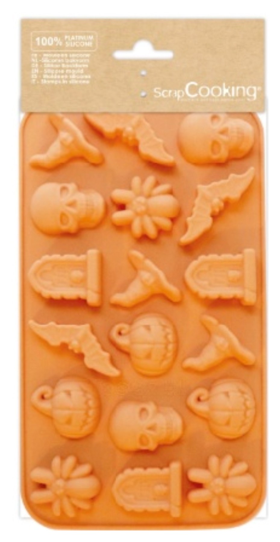 Orangene Silikon-Backform von Scrap Cooking mit Halloween-Motiven, Masse 20.5 x 11.4 x 1.5 cm, Artikelnummer 6717 des Herstellers.